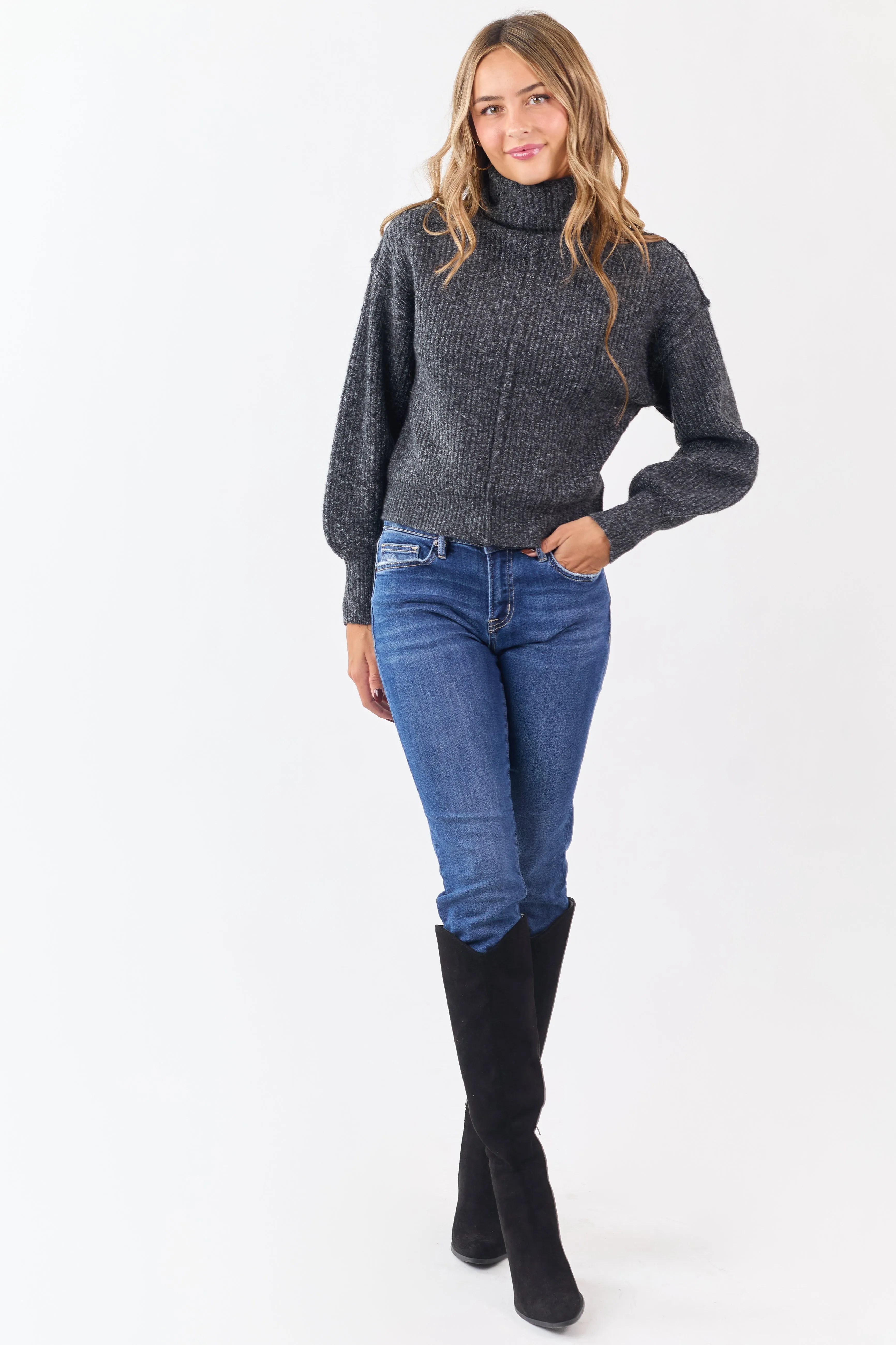 Heathered Charcoal Turtleneck Bubble Sleeve Sweater sold by Lime Lush product image thumbnail 2