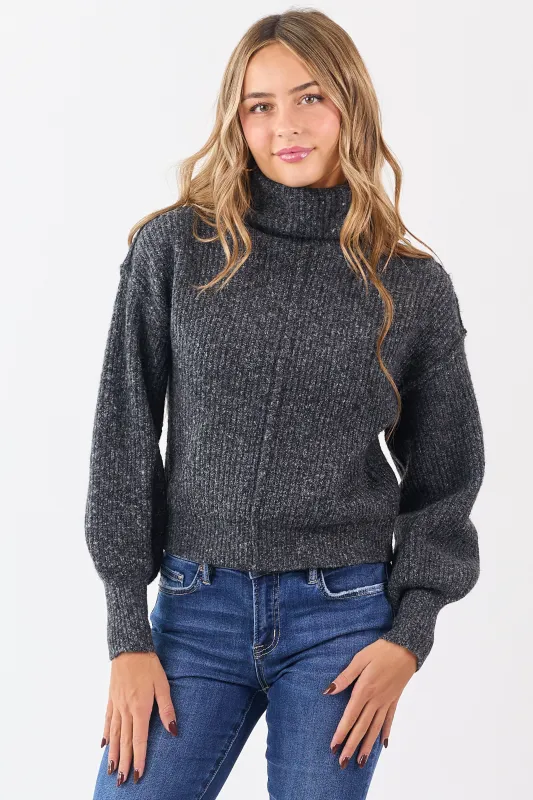 Heathered Charcoal Turtleneck Bubble Sleeve Sweater sold by Lime Lush