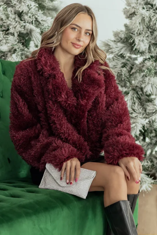 Wine Soft Fuzzy Textured Open Front Collared Coat sold by Lime Lush