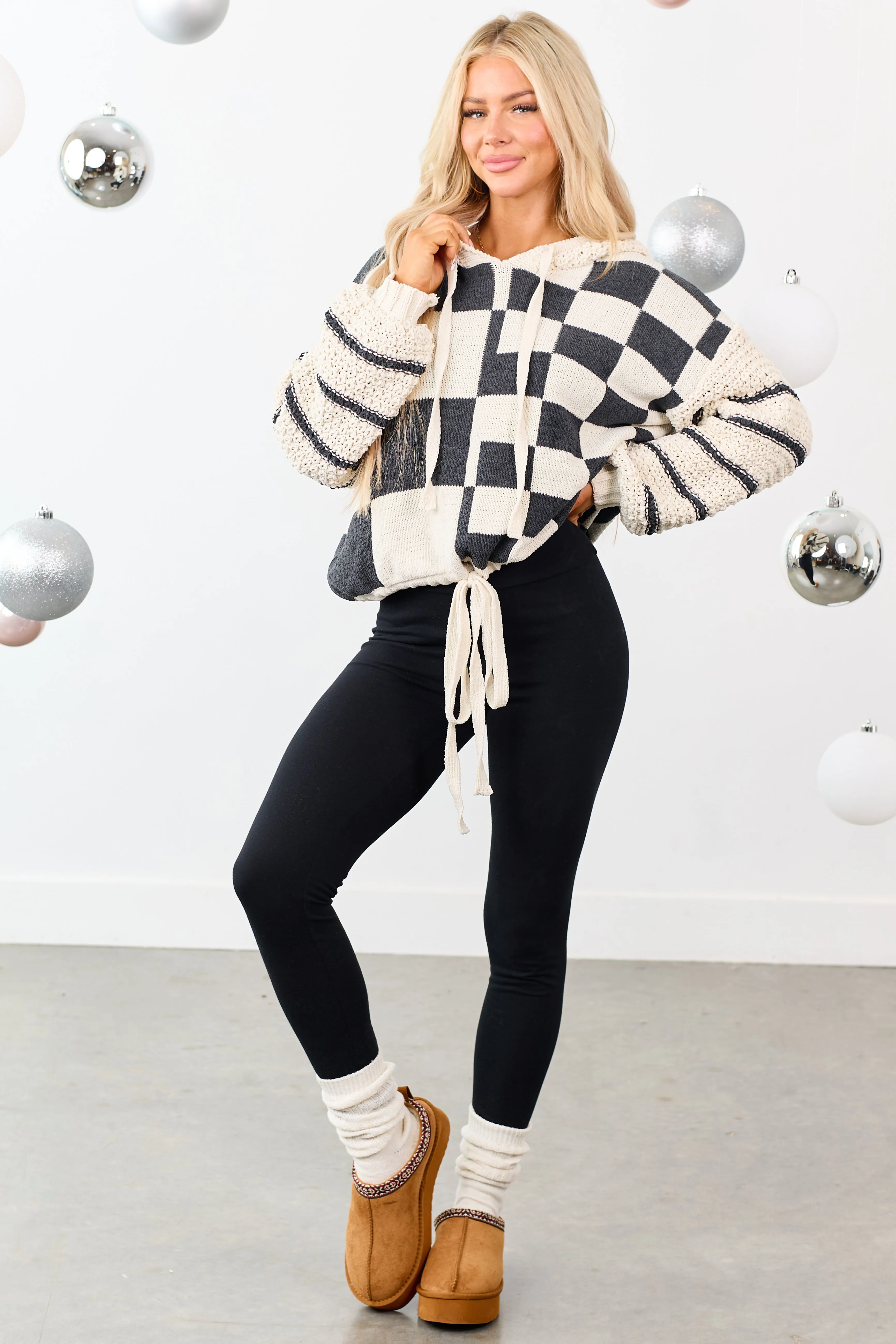 Mello Ivory Checkered and Striped Hooded Sweater sold by Lime Lush product image thumbnail 5