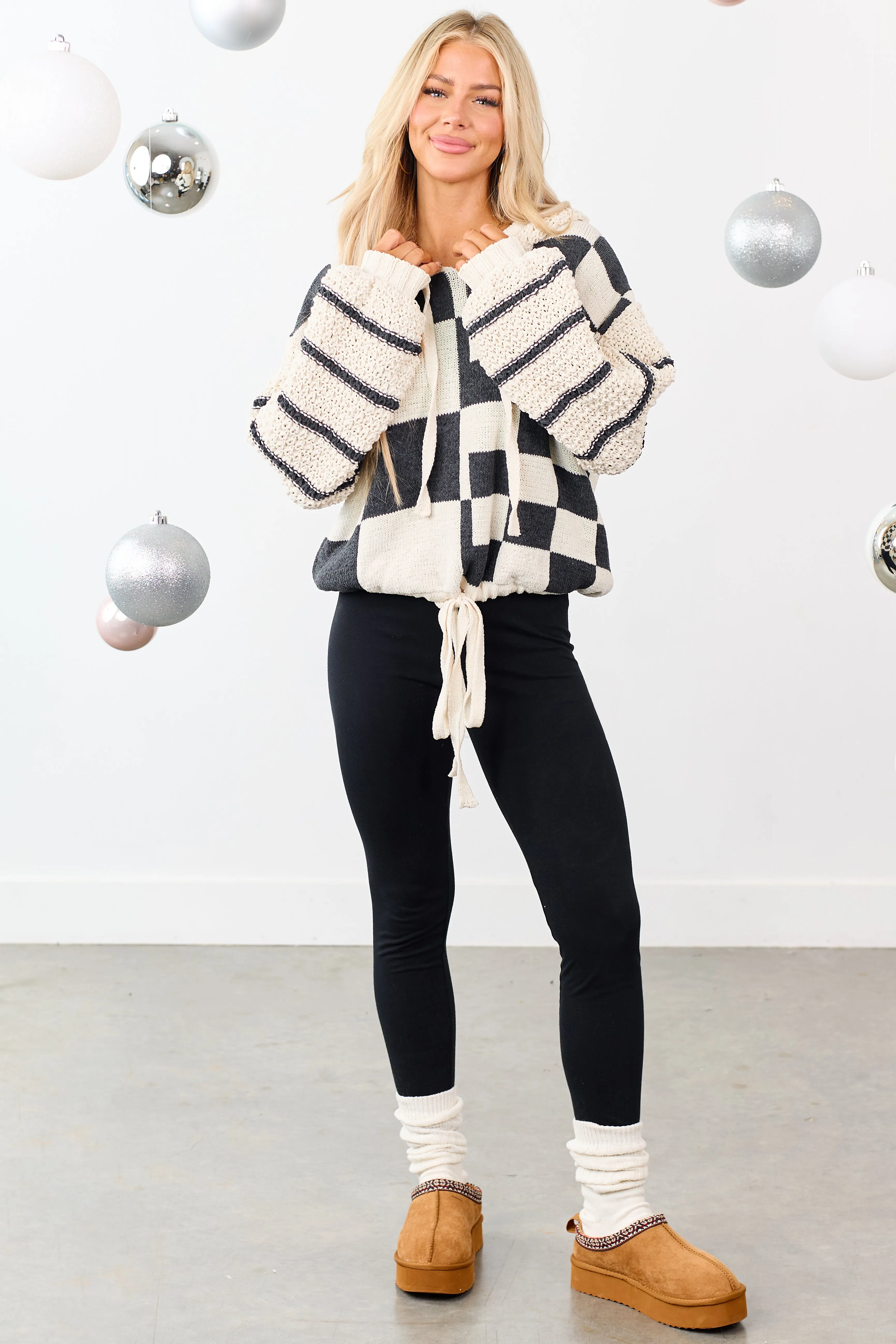 Mello Ivory Checkered and Striped Hooded Sweater sold by Lime Lush product image thumbnail 3