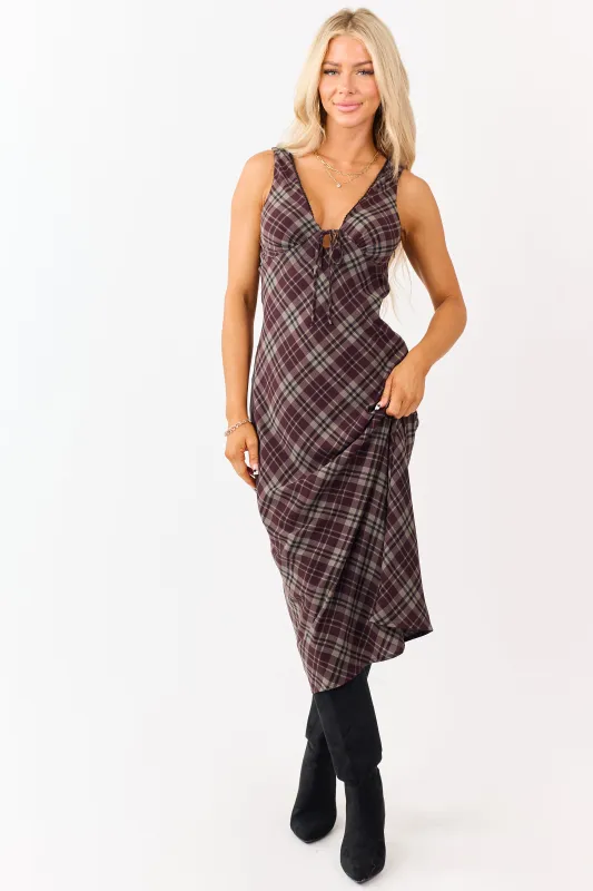 Wine Plaid Sleeveless Deep V-Neck Midi Dress made by Le Lis