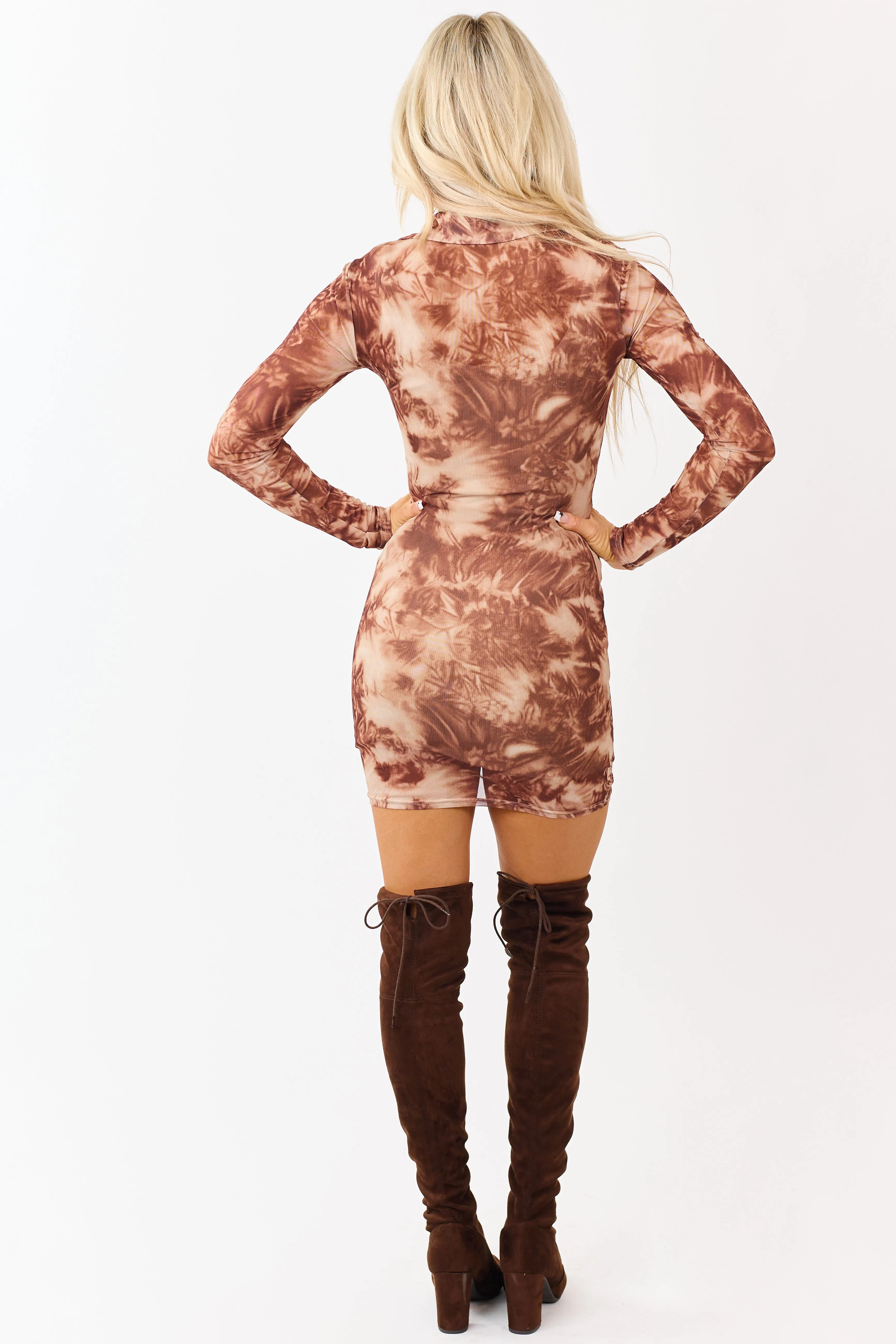 Chocolate Tie Dye Ruched Sheer Mesh Mini Dress sold by Lime Lush product image thumbnail 5