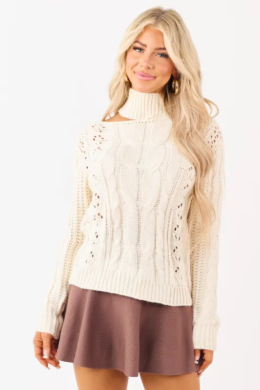 Cream Cut Out Mock Neck Pointelle Knit Sweater made by privy