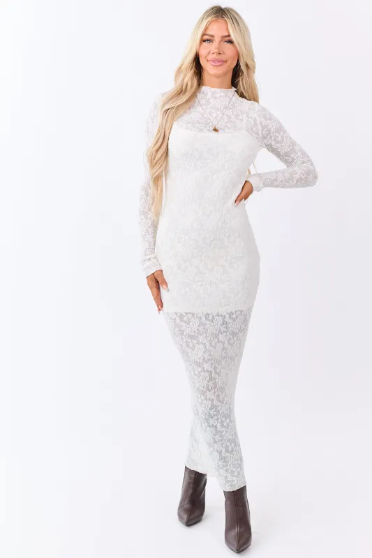 Cream Lace Mock Neck Bodycon Maxi Dress sold by Lime Lush