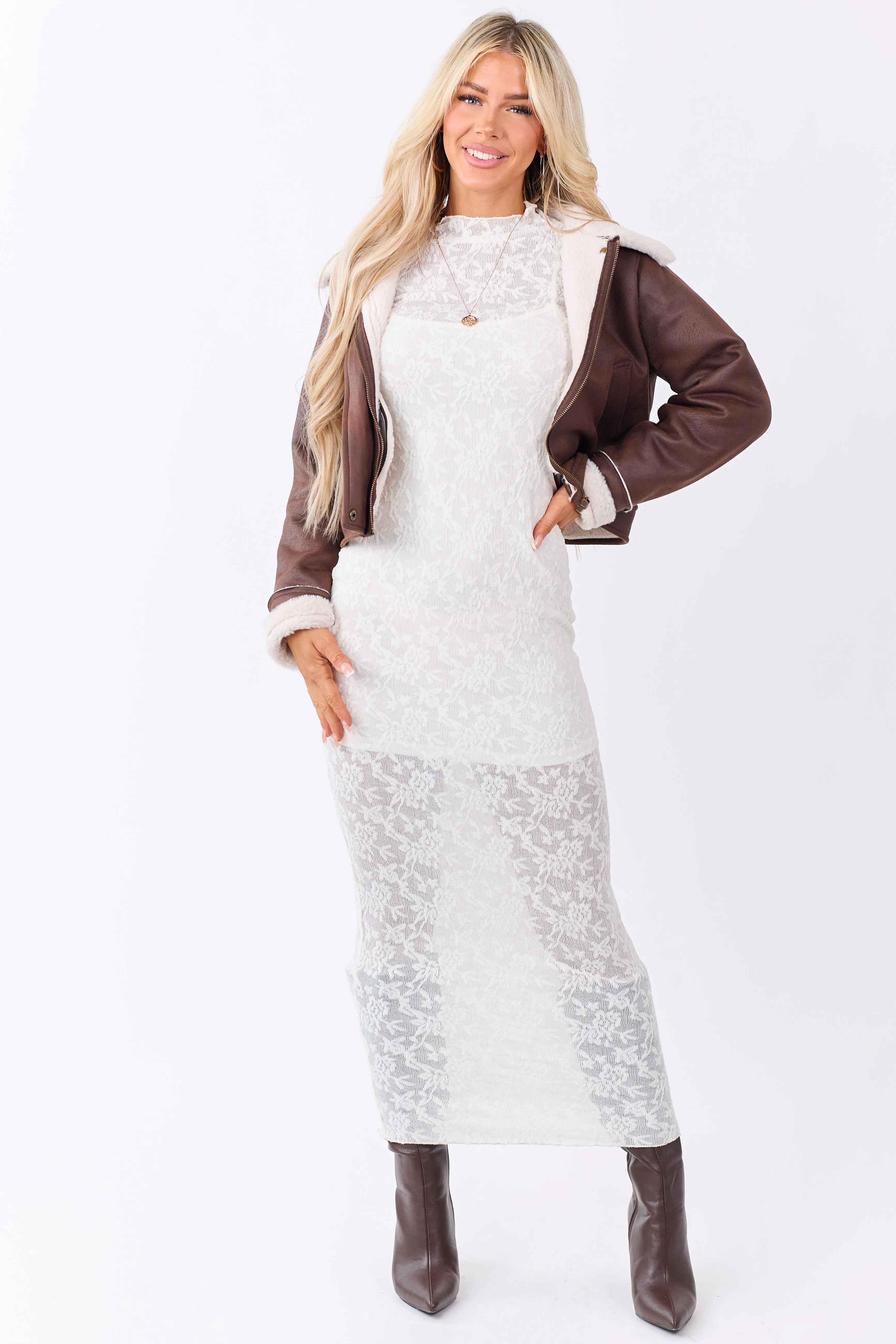 Cream Lace Mock Neck Bodycon Maxi Dress sold by Lime Lush product image thumbnail 5