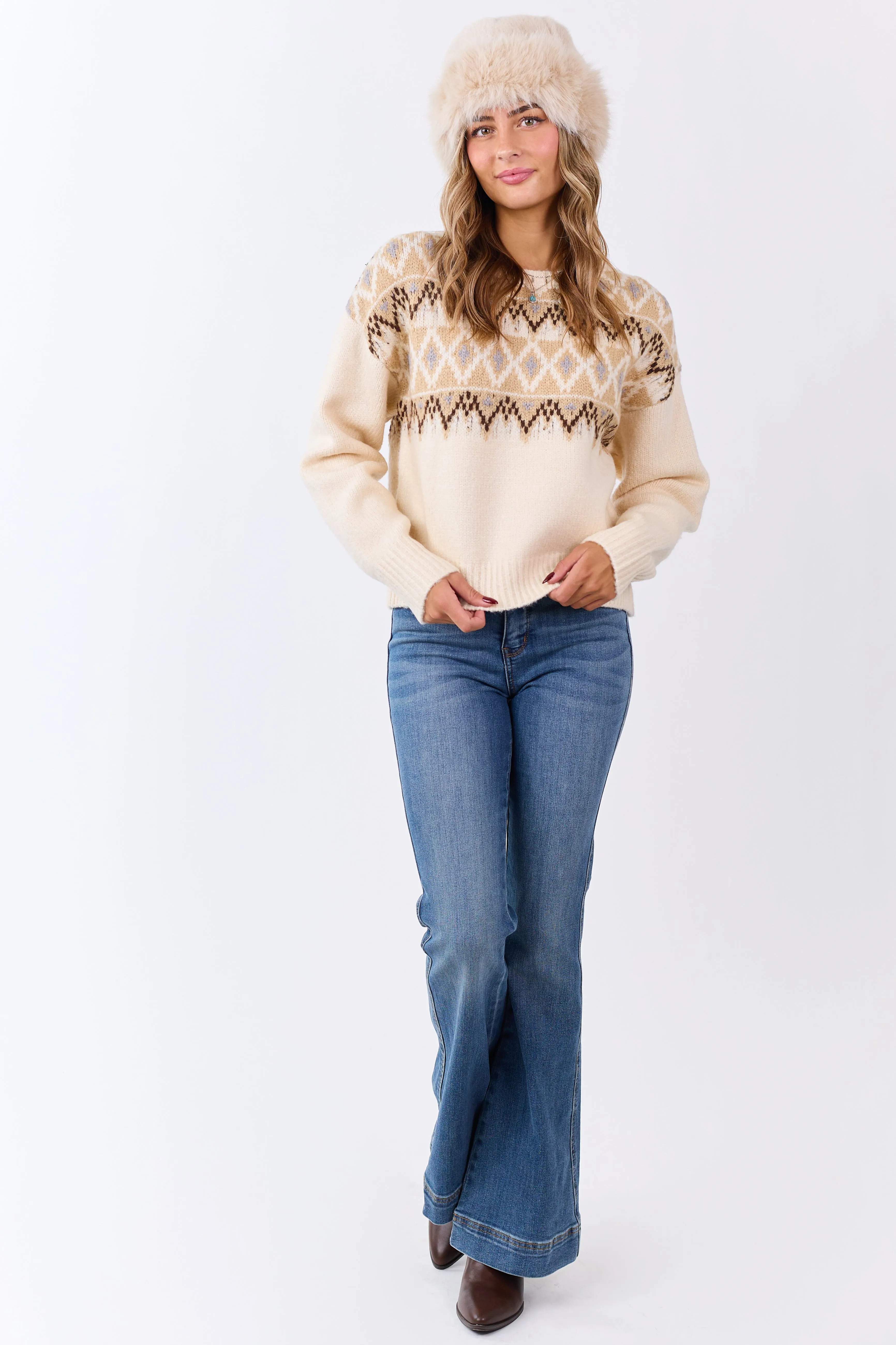 Cream Fair Isle Knit Crew Neck Long Sleeve Sweater sold by Lime Lush product image thumbnail 4