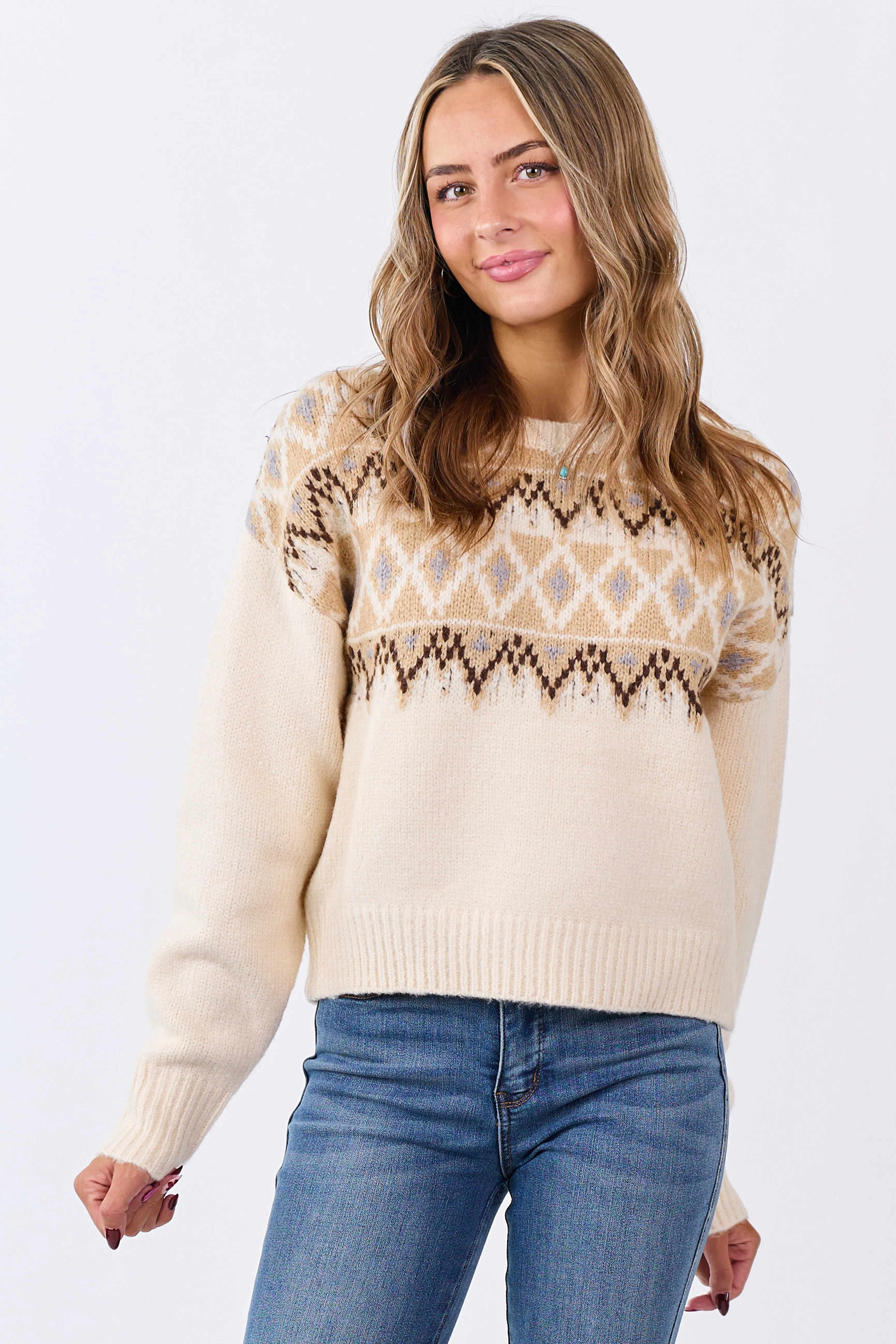 Cream Fair Isle Knit Crew Neck Long Sleeve Sweater sold by Lime Lush