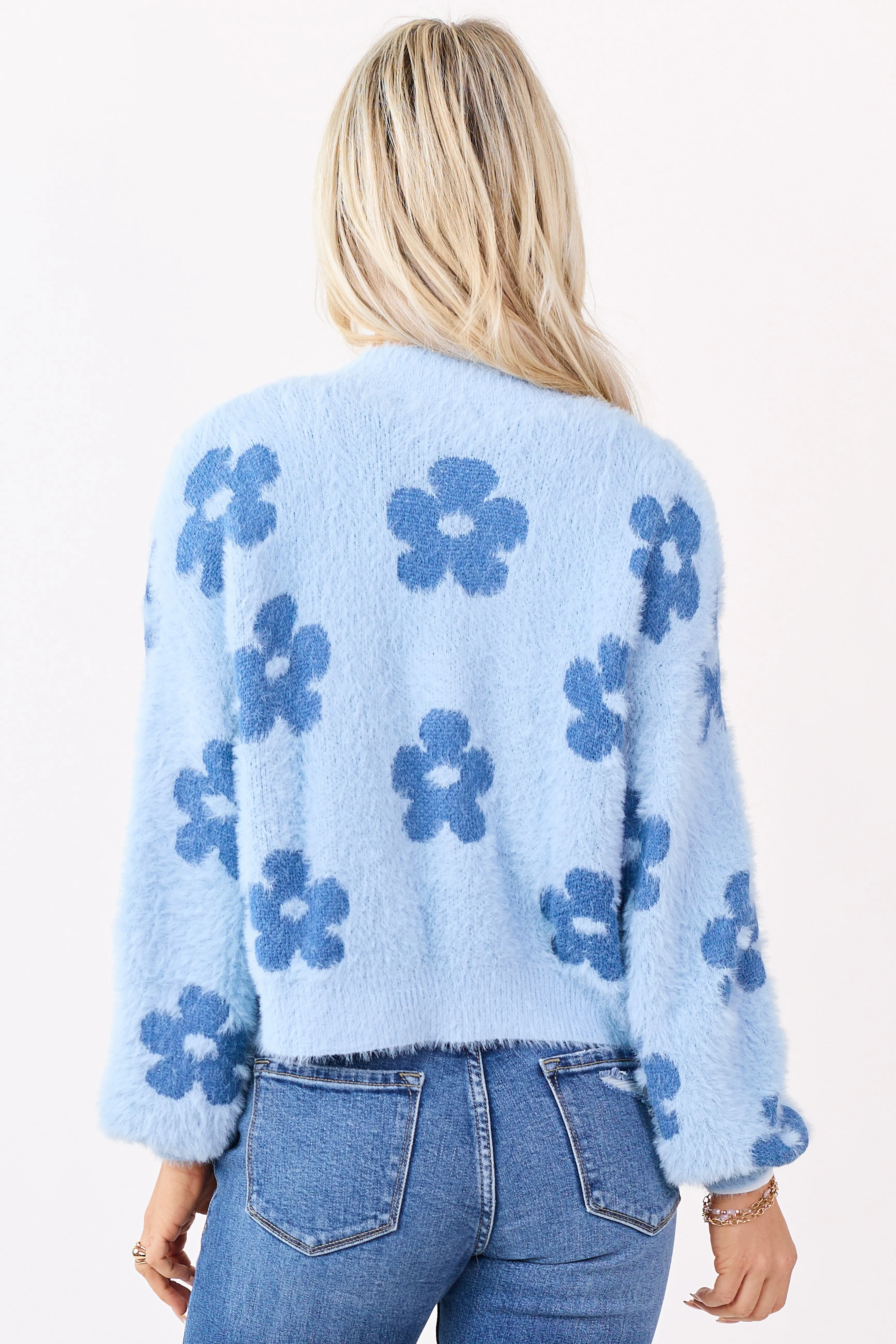 Powder Blue Floral Open Front Eyelash Knit Cardigan sold by Lime Lush product image thumbnail 5