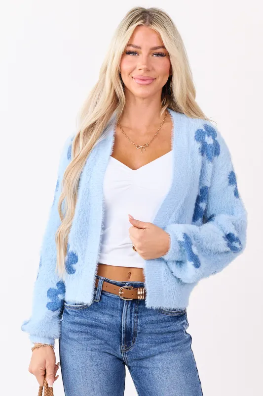 Powder Blue Floral Open Front Eyelash Knit Cardigan sold by Lime Lush