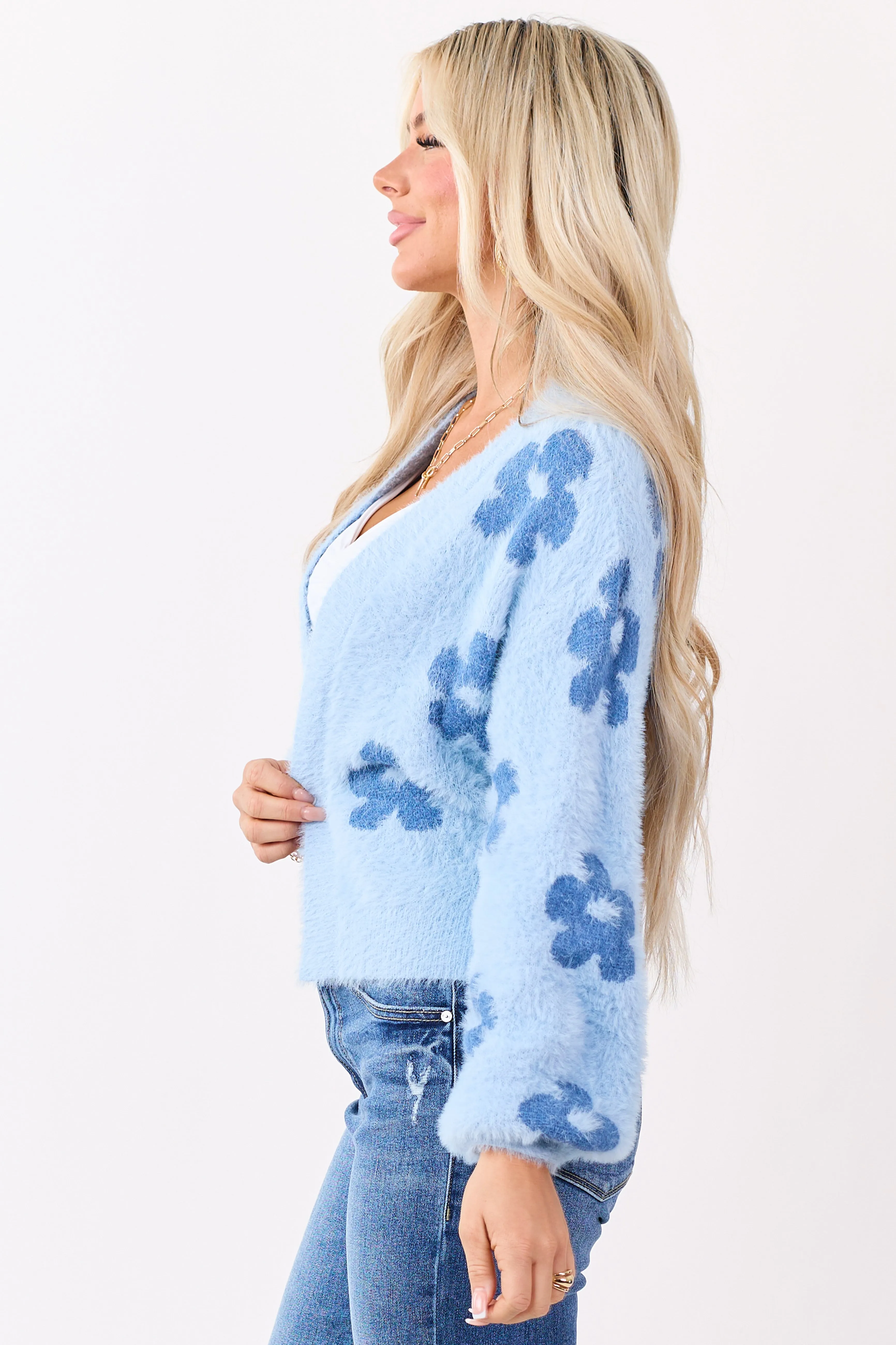 Powder Blue Floral Open Front Eyelash Knit Cardigan sold by Lime Lush product image thumbnail 4