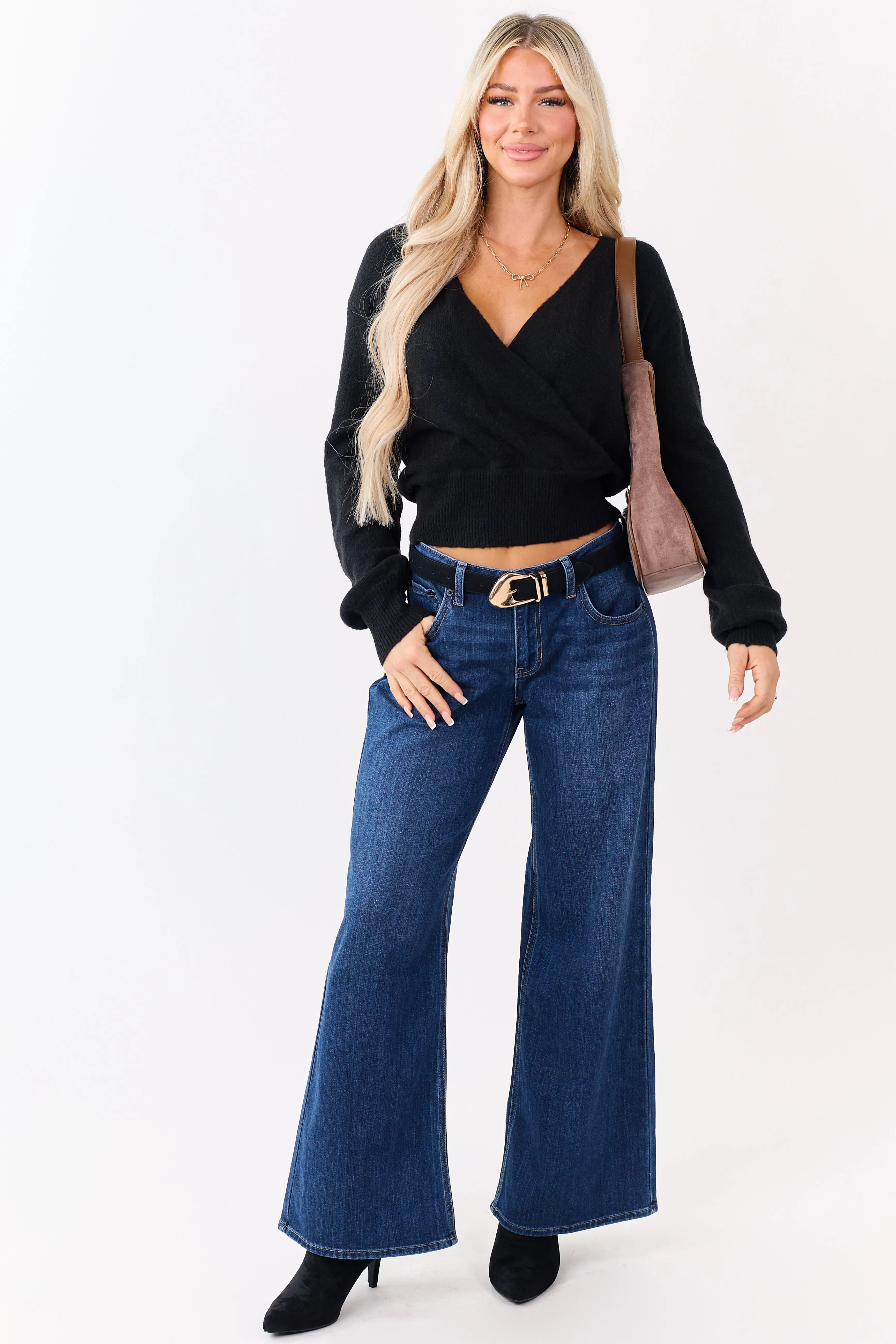 Black Soft Knit Surplice V-Neck Rib Trim Sweater sold by Lime Lush product image thumbnail 3