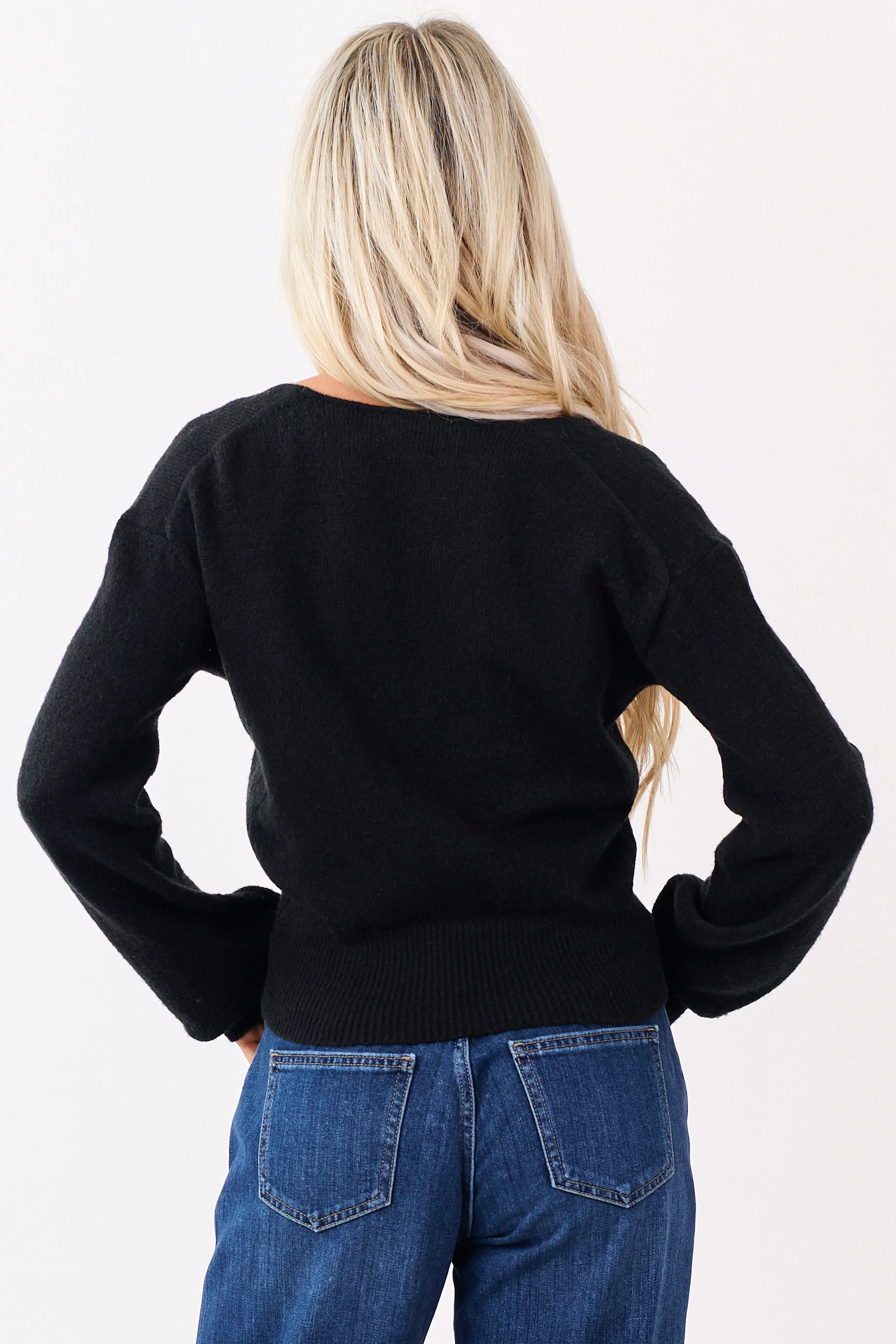 Black Soft Knit Surplice V-Neck Rib Trim Sweater sold by Lime Lush product image thumbnail 5