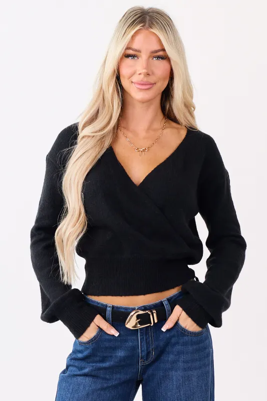 Black Soft Knit Surplice V-Neck Rib Trim Sweater sold by Lime Lush