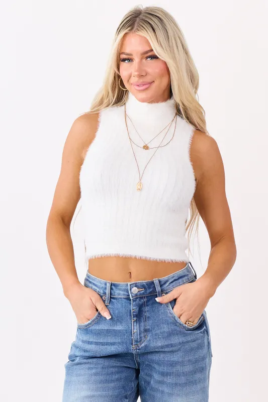 Ivory Ribbed Eyelash Knit High Neck Tank Top sold by Lime Lush