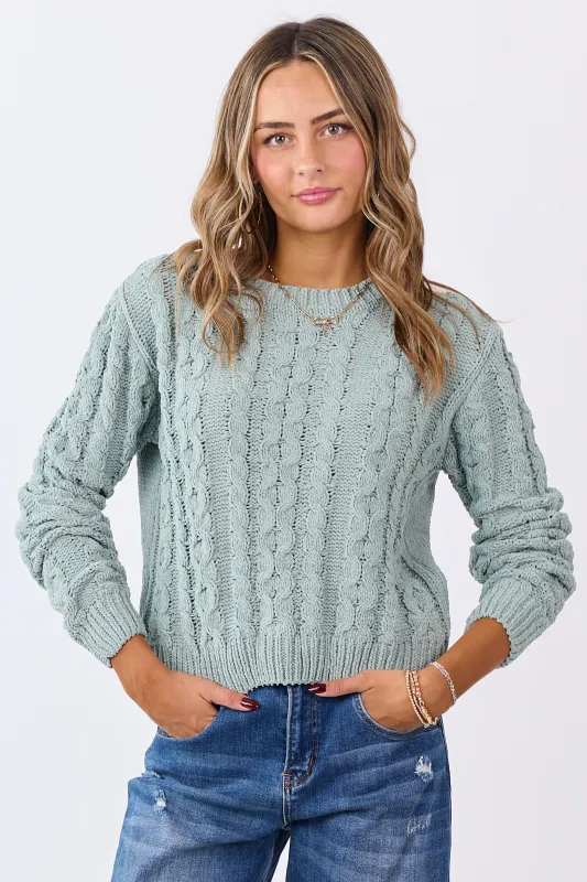 Mint Green Chenille Cable Knit Sweater sold by Lime Lush
