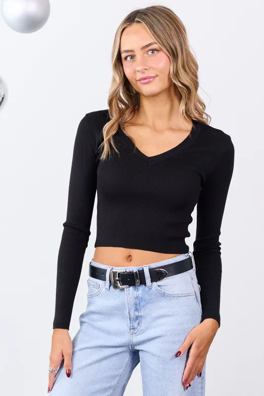 Black Rib Knit V-Neck Cropped Sweater Top sold by Lime Lush