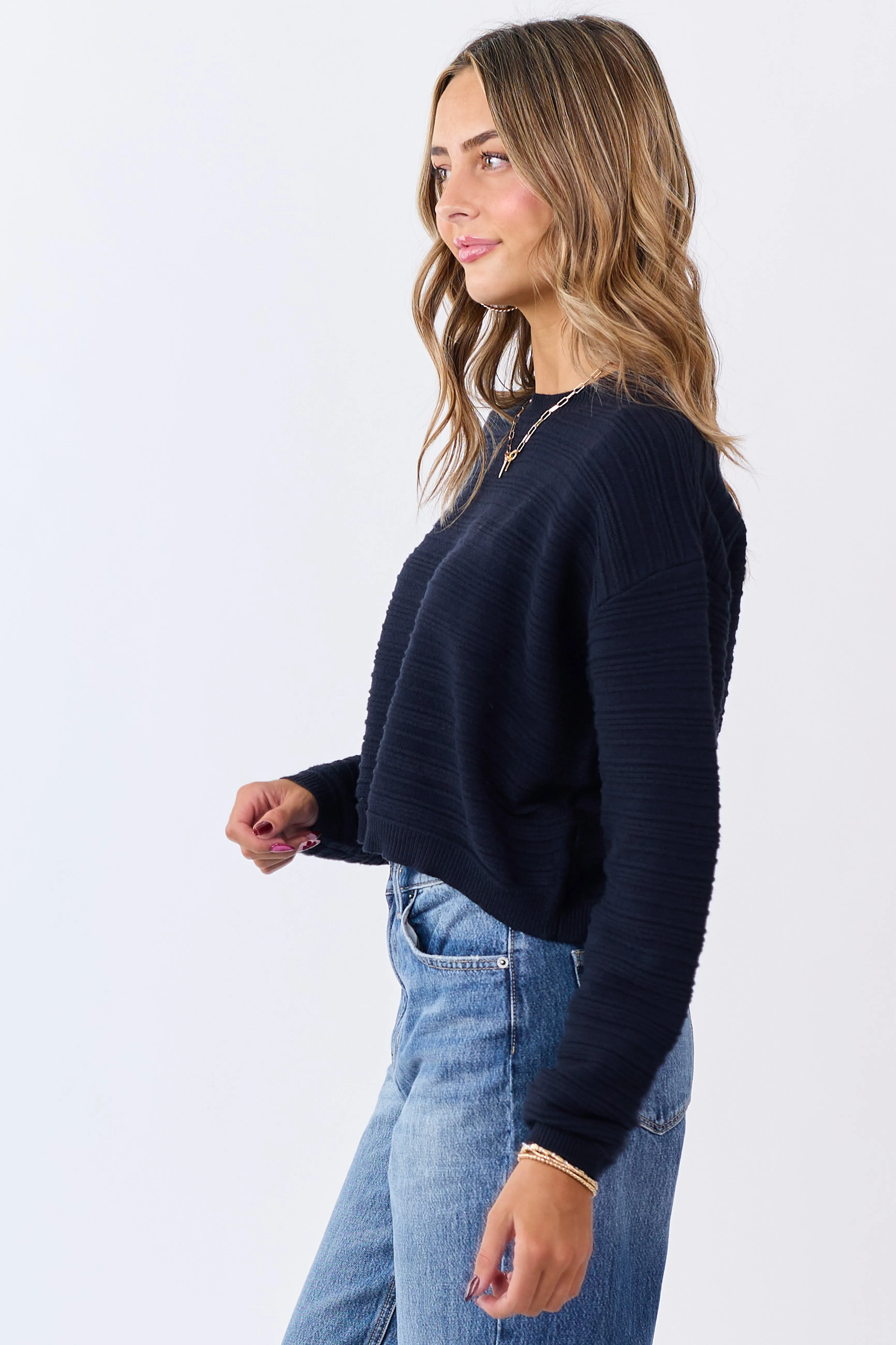 Black Textured Knit Crew Neck Cropped Sweater sold by Lime Lush product image thumbnail 4