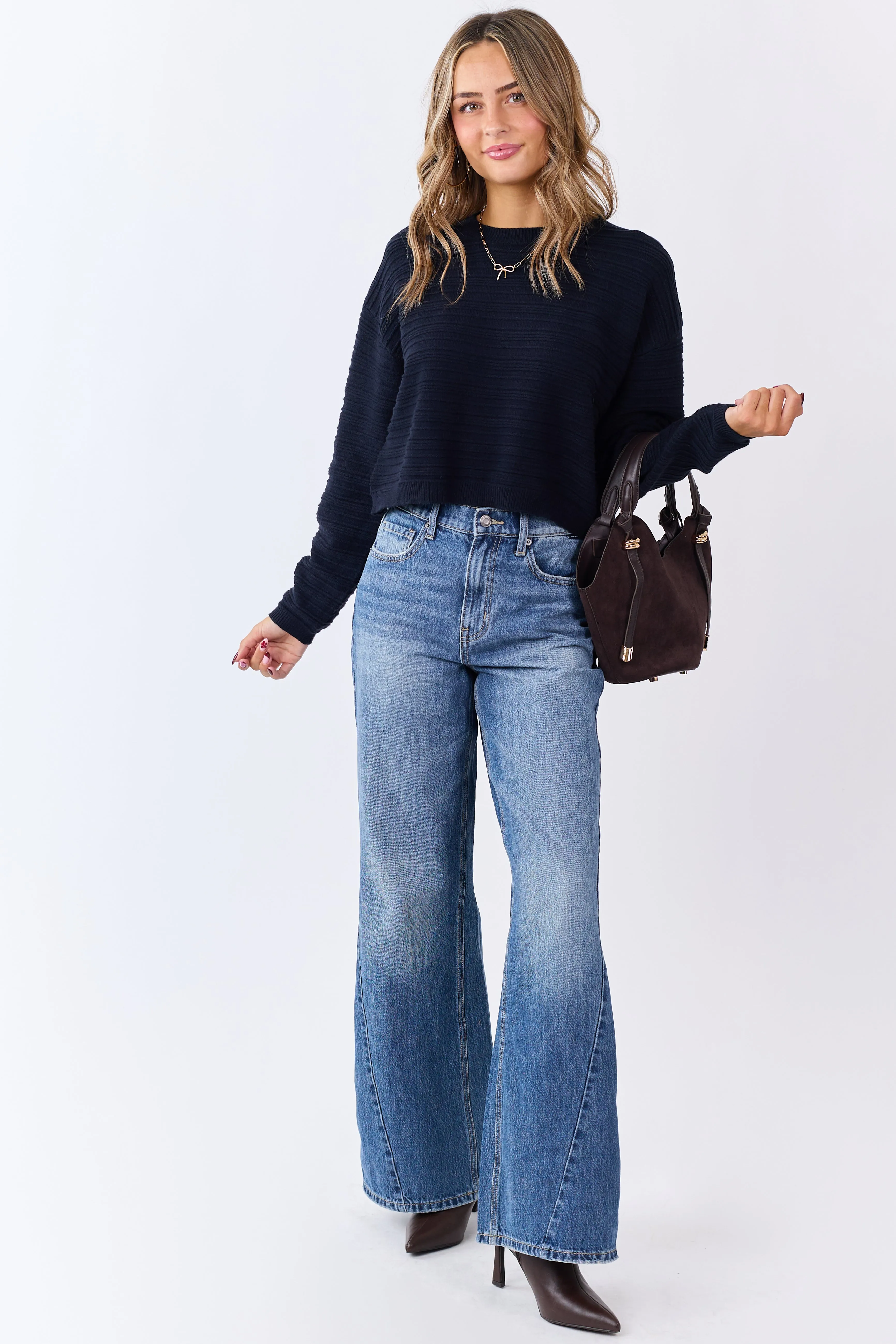 Black Textured Knit Crew Neck Cropped Sweater sold by Lime Lush product image thumbnail 3