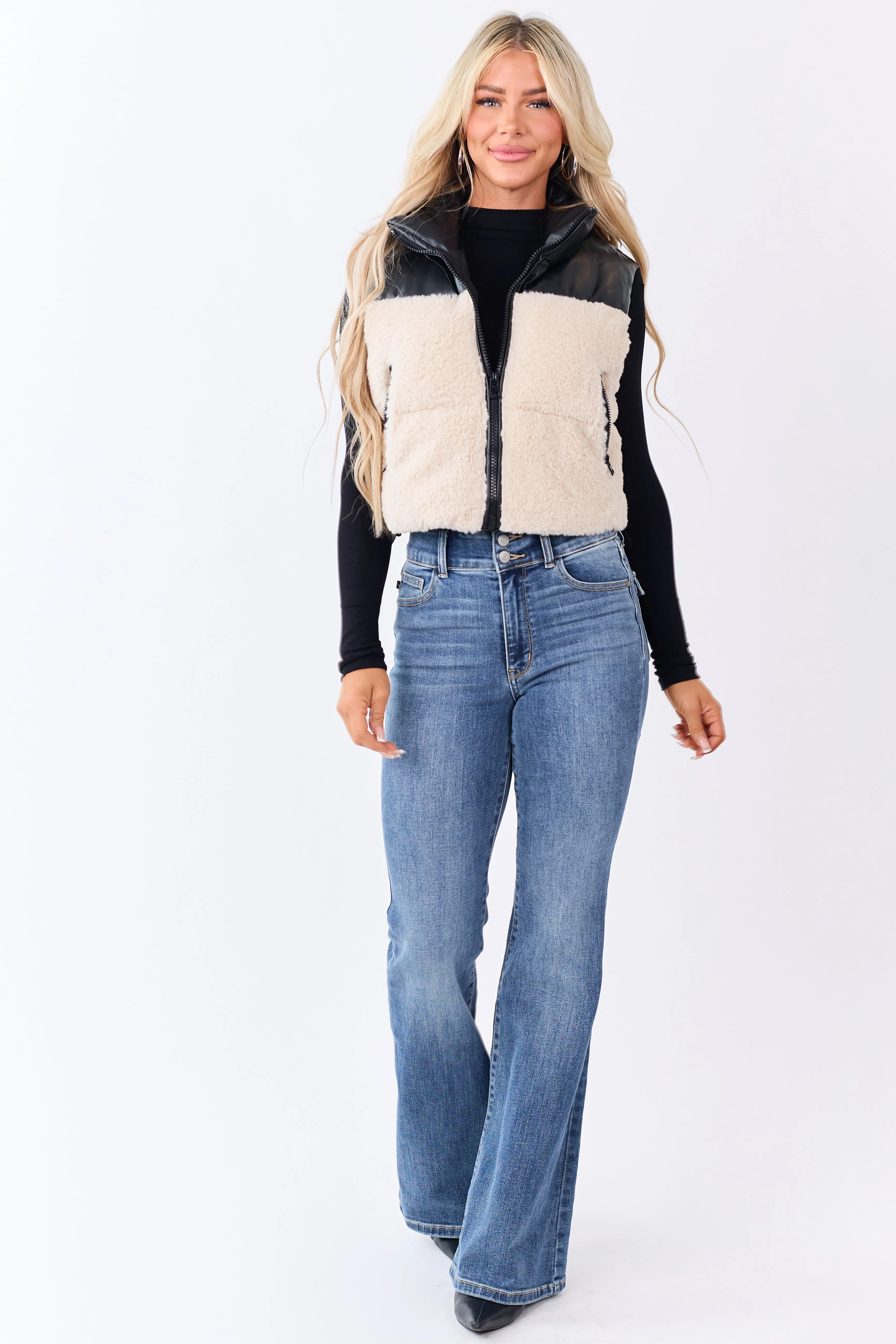 Cream Sherpa Contrast Faux Leather Crop Vest sold by Lime Lush product image thumbnail 2