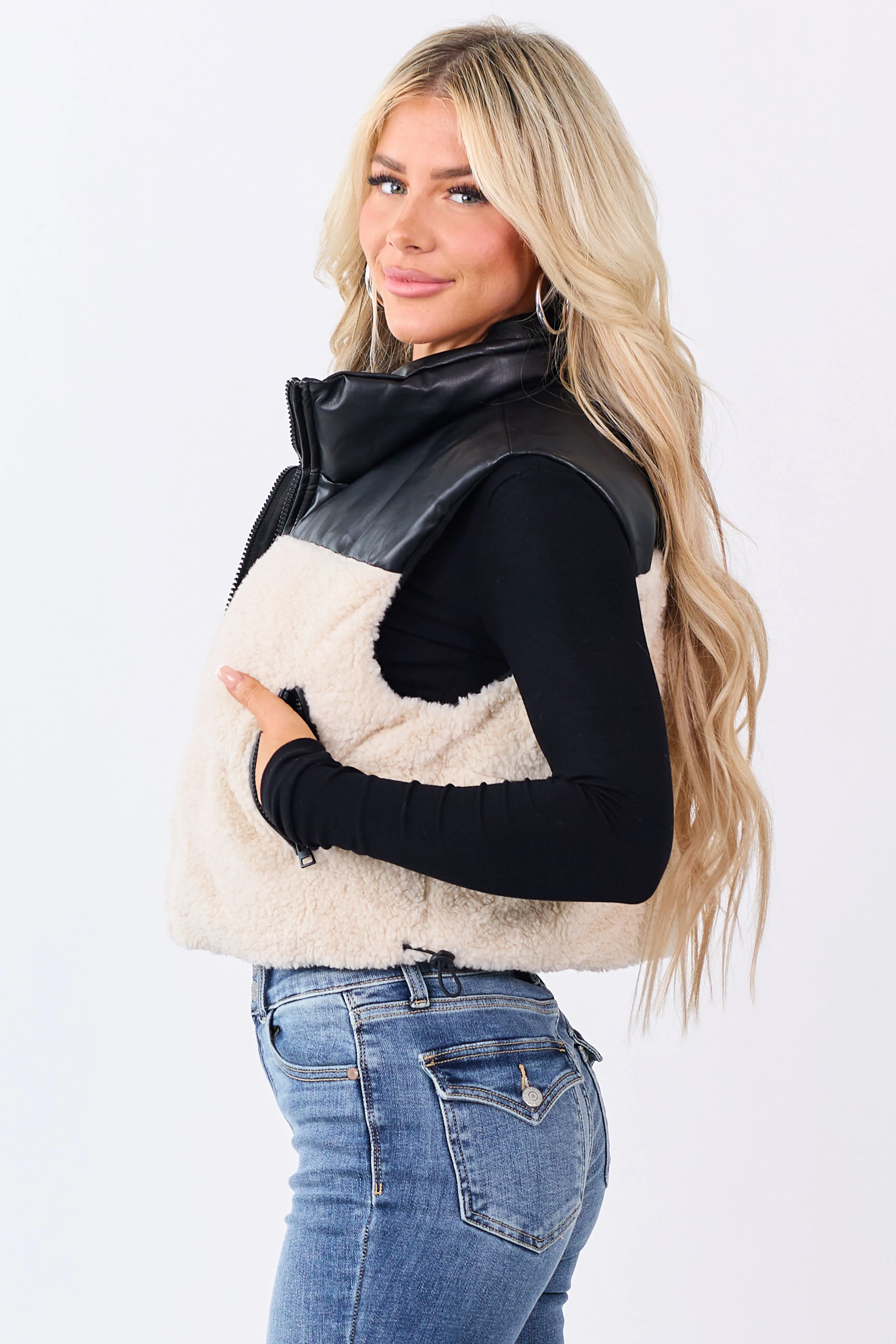 Cream Sherpa Contrast Faux Leather Crop Vest sold by Lime Lush product image thumbnail 4