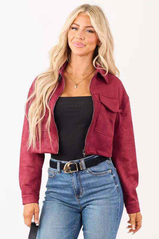 Maroon Faux Suede Cropped Collared Zip Up Jacket sold by Lime Lush