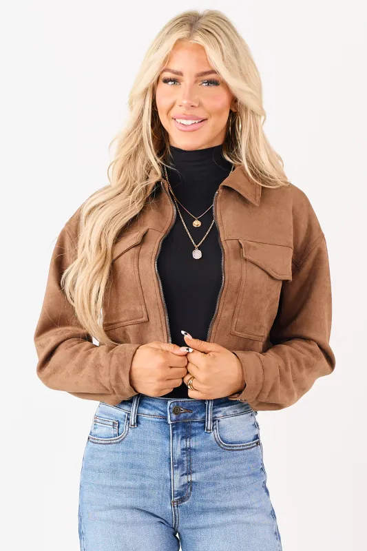 Coffee Faux Suede Cropped Collared Zip Up Jacket sold by Lime Lush