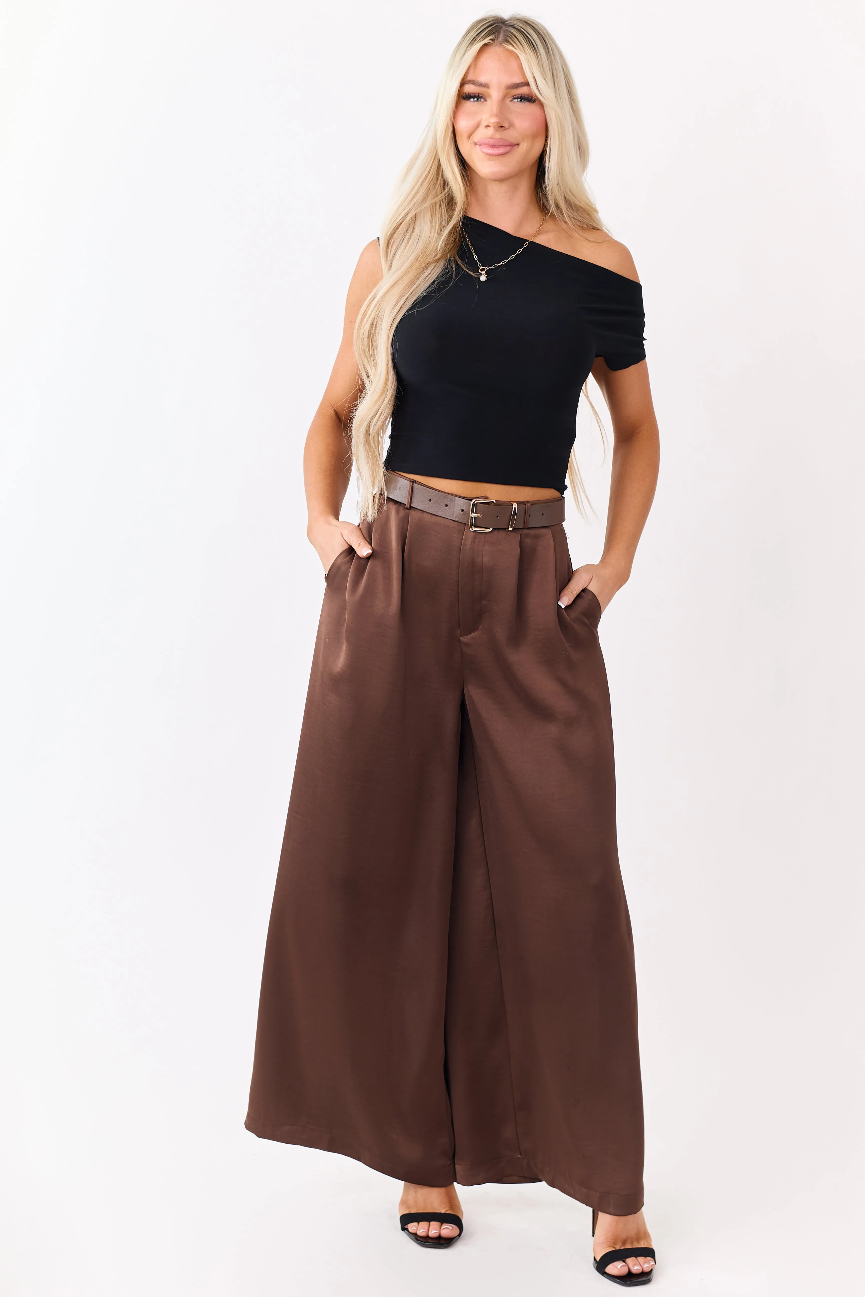 Coffee Satin Belted Wide Palazzo Pants sold by Lime Lush
