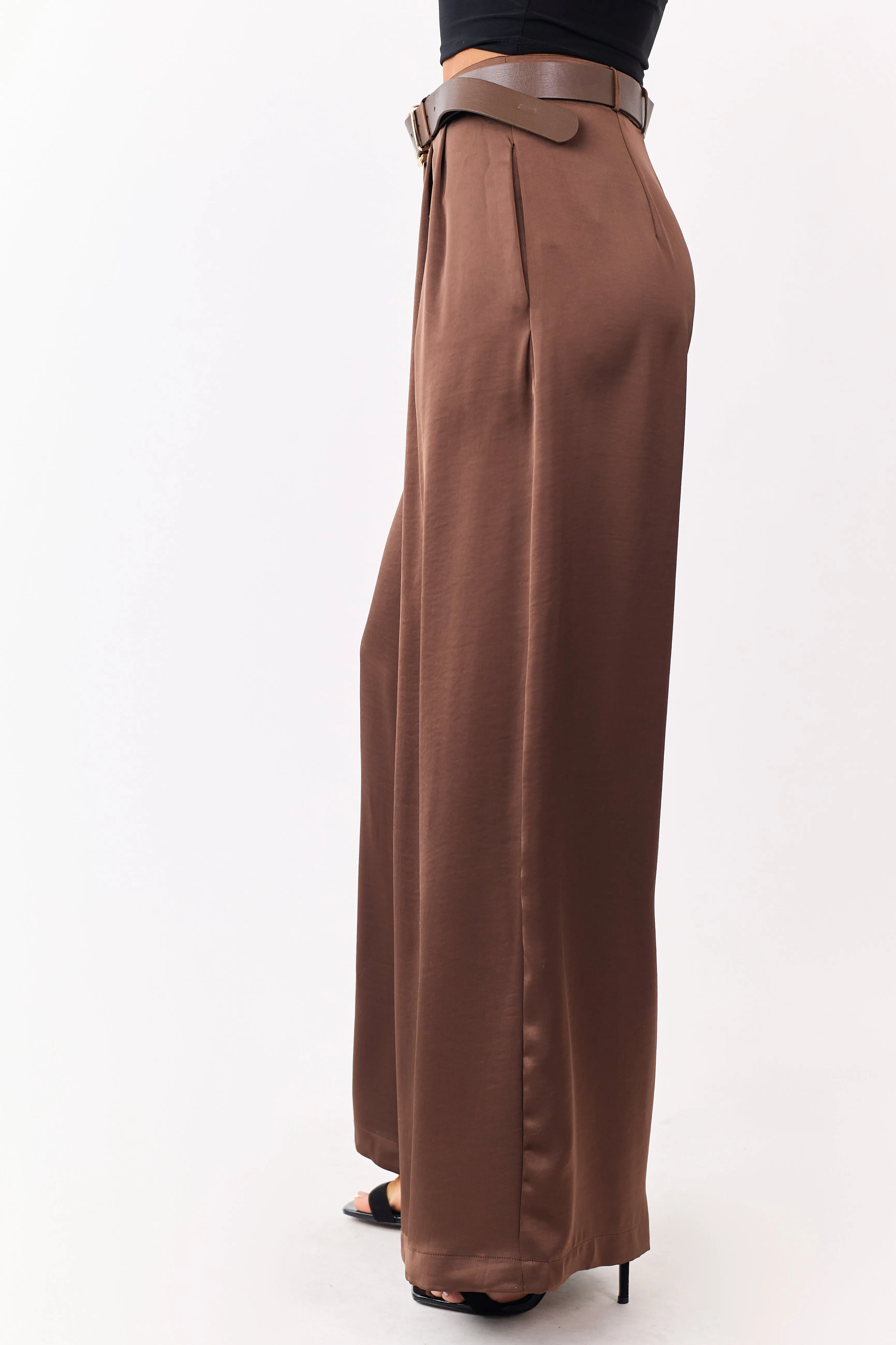Coffee Satin Belted Wide Palazzo Pants sold by Lime Lush product image thumbnail 3