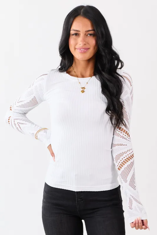 White Eyelet Sleeve Round Neck Knit Top sold by Lime Lush