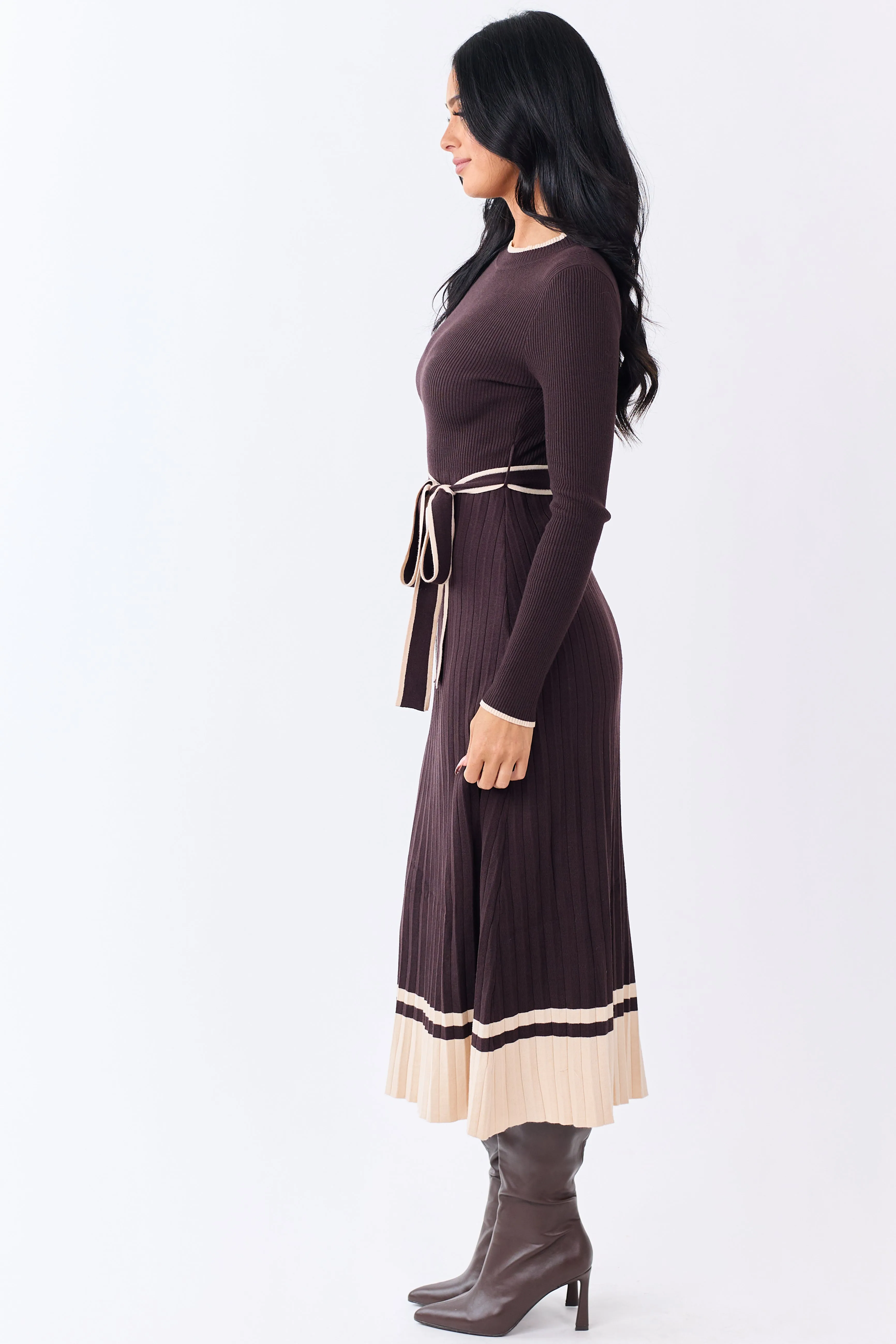 Cocoa Rib Knit Waist Tie Sweater Midi Dress sold by Lime Lush product image thumbnail 4