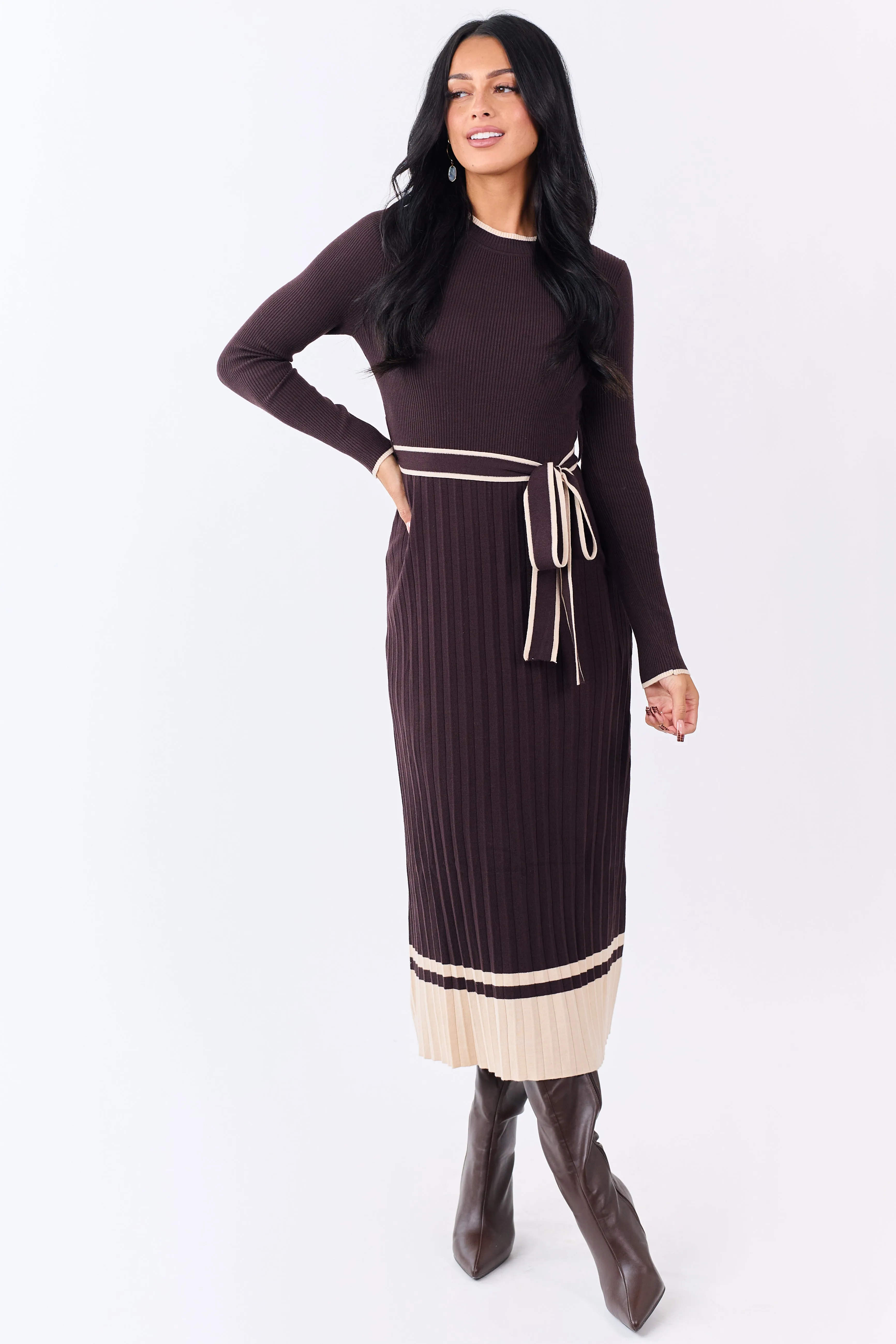 Cocoa Rib Knit Waist Tie Sweater Midi Dress sold by Lime Lush