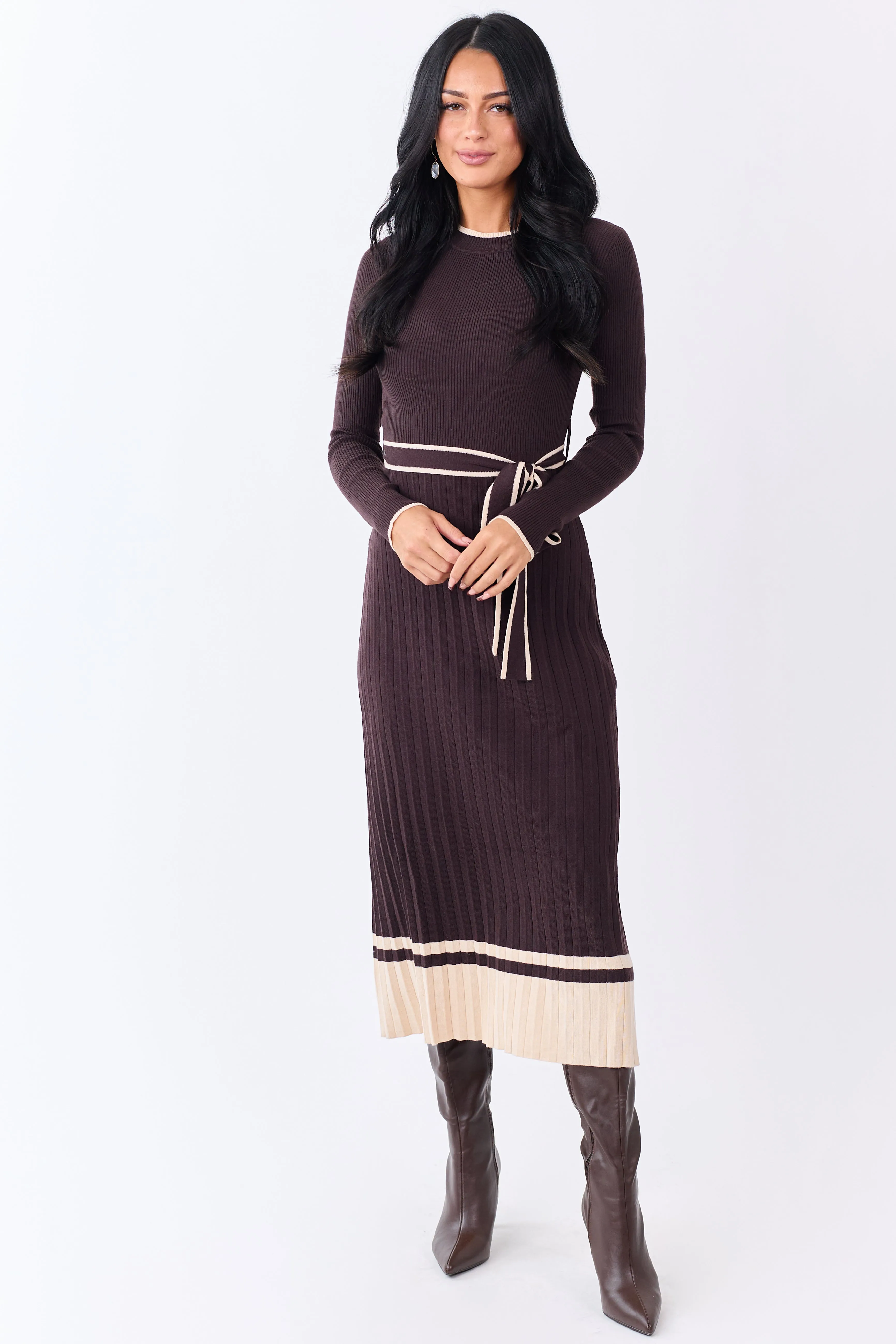Cocoa Rib Knit Waist Tie Sweater Midi Dress sold by Lime Lush product image thumbnail 2