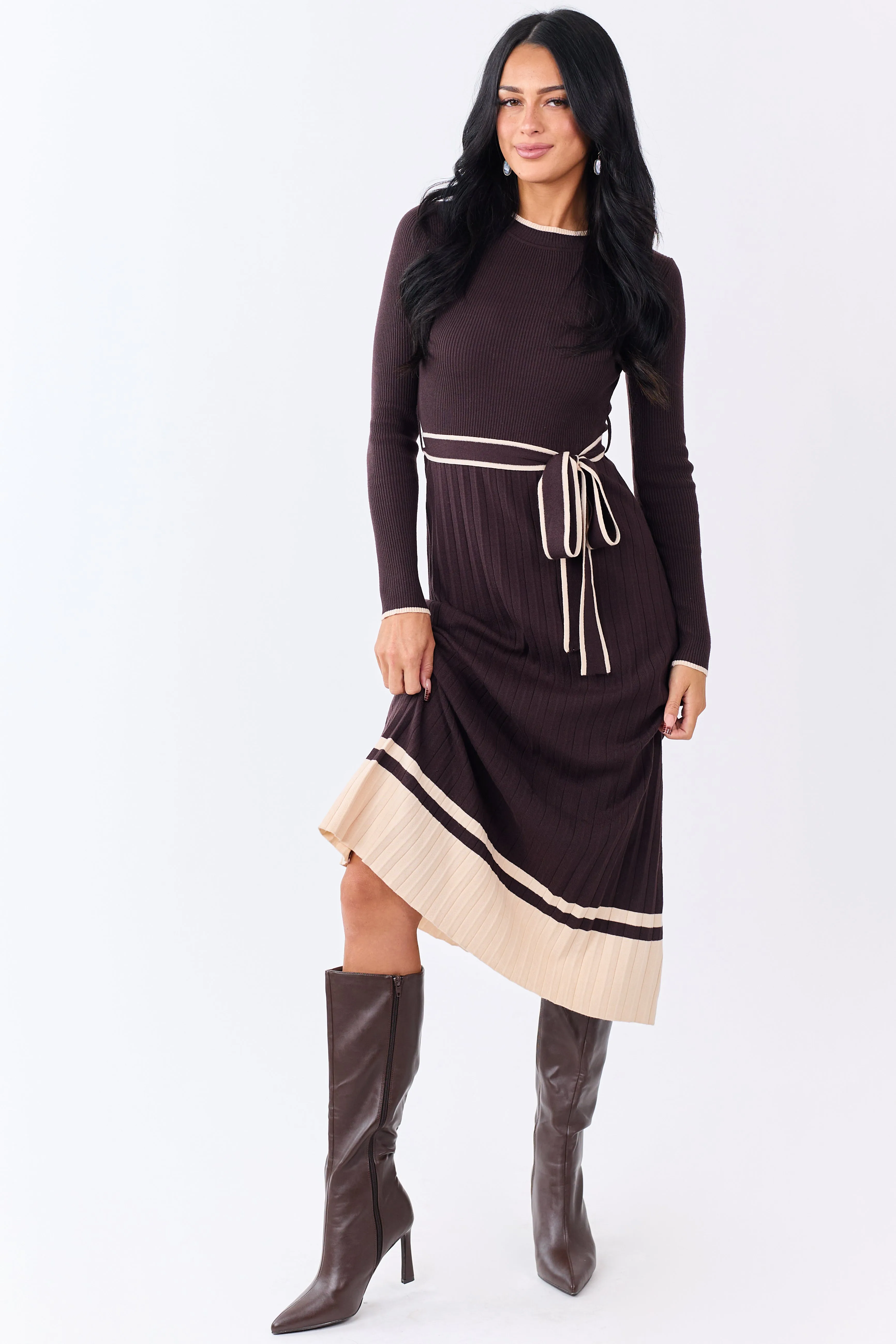 Cocoa Rib Knit Waist Tie Sweater Midi Dress sold by Lime Lush product image thumbnail 3