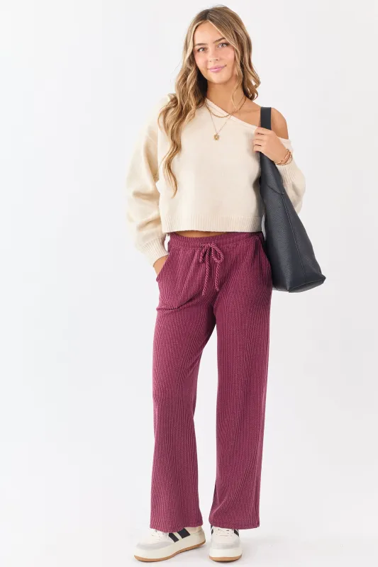 Maroon Wavy Ribbed Elastic Waist Drawstring Pants sold by Lime Lush