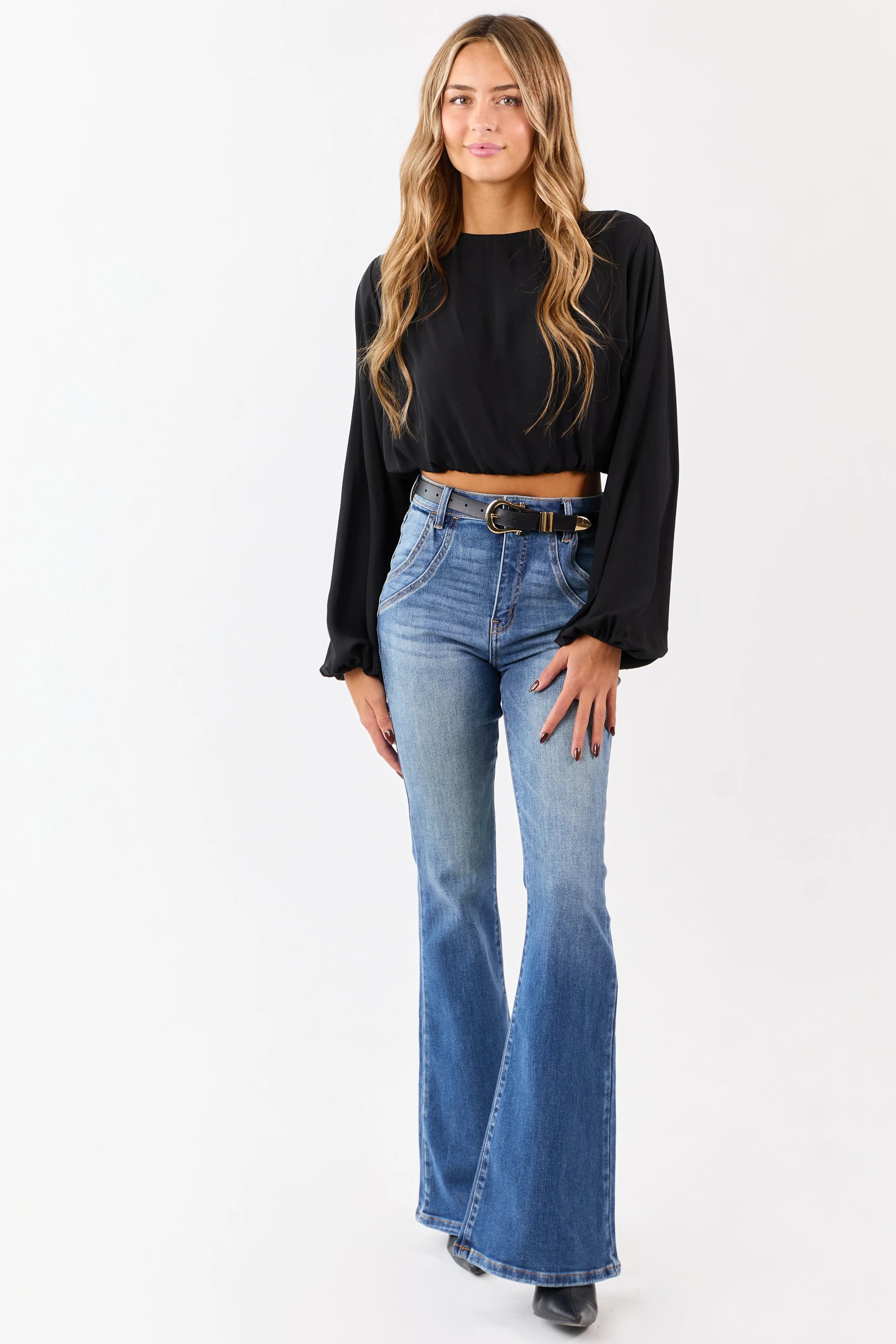 Black Long Puff Sleeve Bubble Hem Crop Top sold by Lime Lush product image thumbnail 3