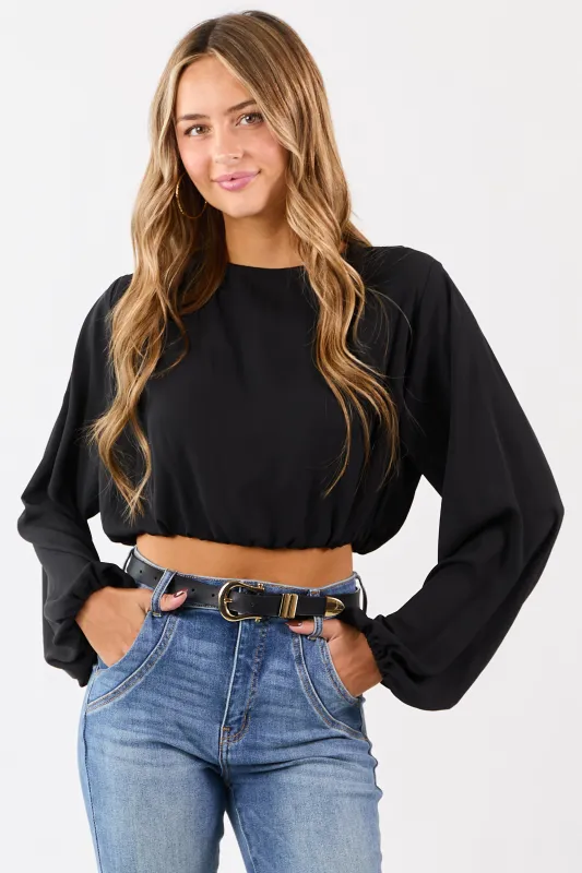Black Long Puff Sleeve Bubble Hem Crop Top sold by Lime Lush