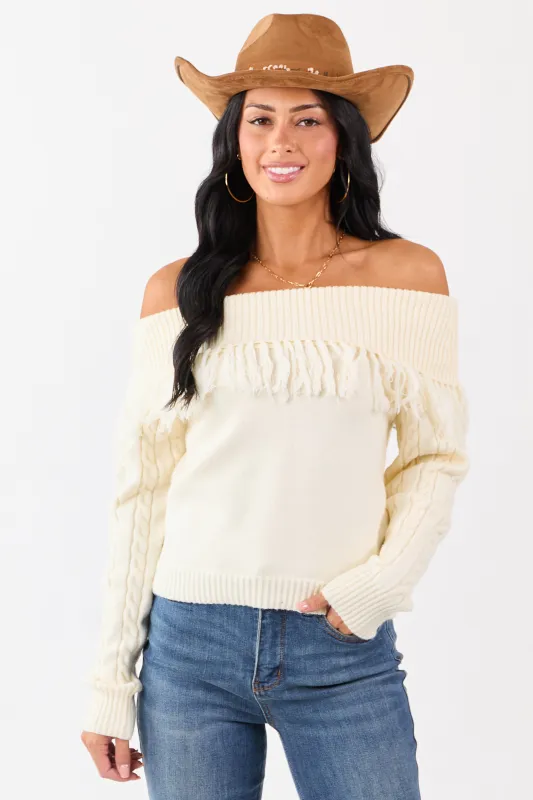 Cream Fold Over Fringe Neckline Off Shoulder Sweater sold by Lime Lush