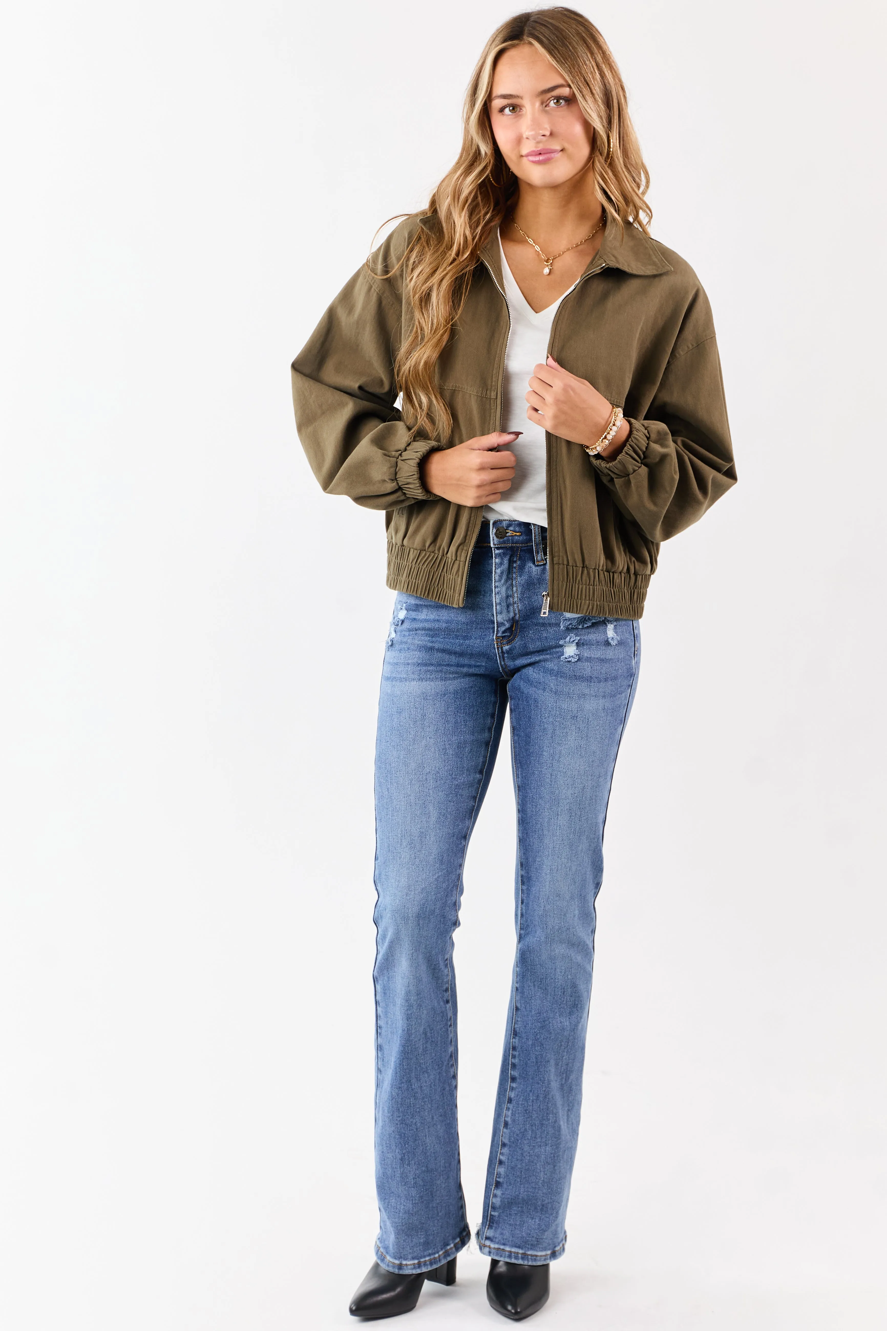 Olive Twill Collared Elastic Hem Zip Up Jacket sold by Lime Lush product image thumbnail 2