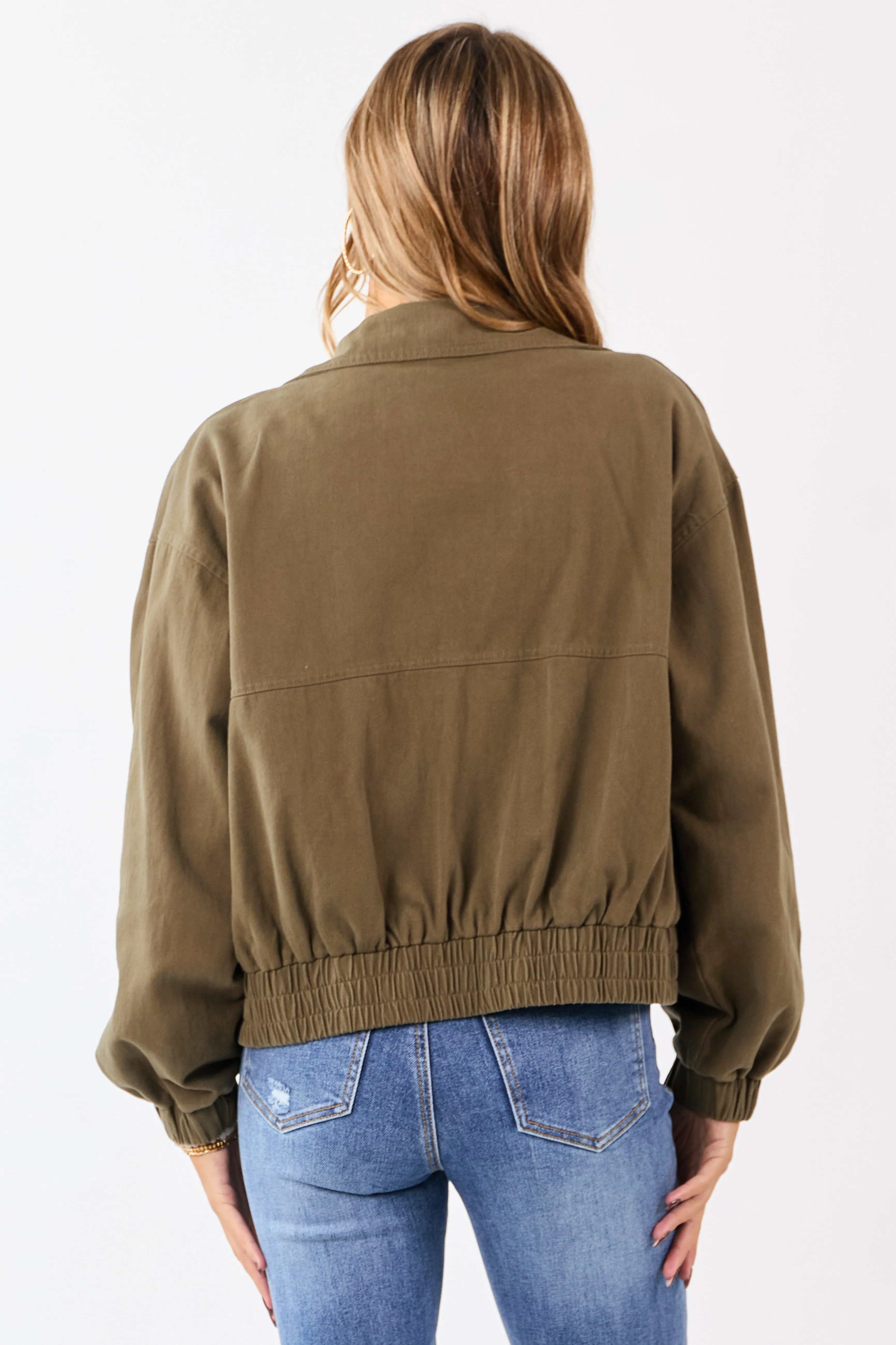 Olive Twill Collared Elastic Hem Zip Up Jacket sold by Lime Lush product image thumbnail 5