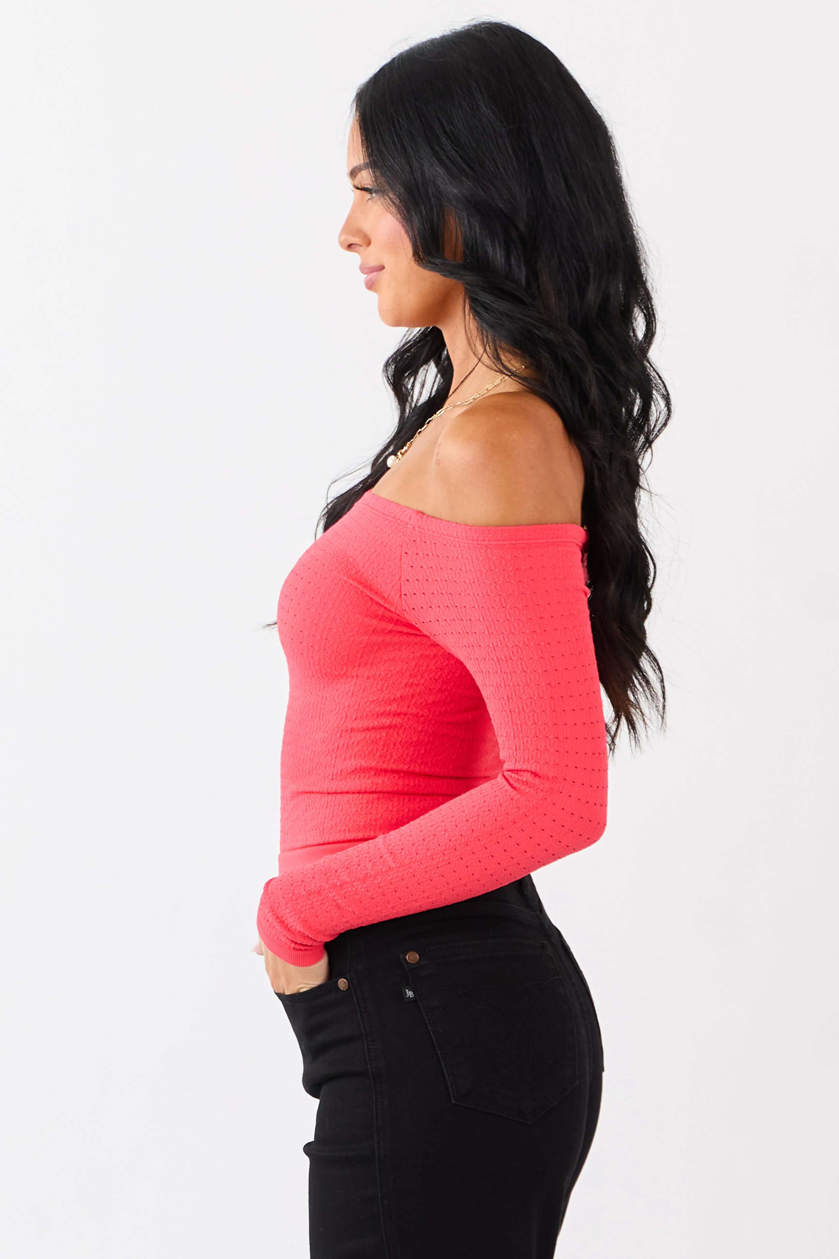 Scarlet Pointelle Off Shoulder Long Sleeve Top sold by Lime Lush product image thumbnail 4
