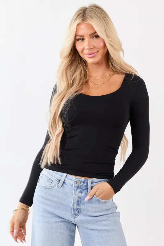Black Scoop Neck Fitted Long Sleeve Top sold by Lime Lush