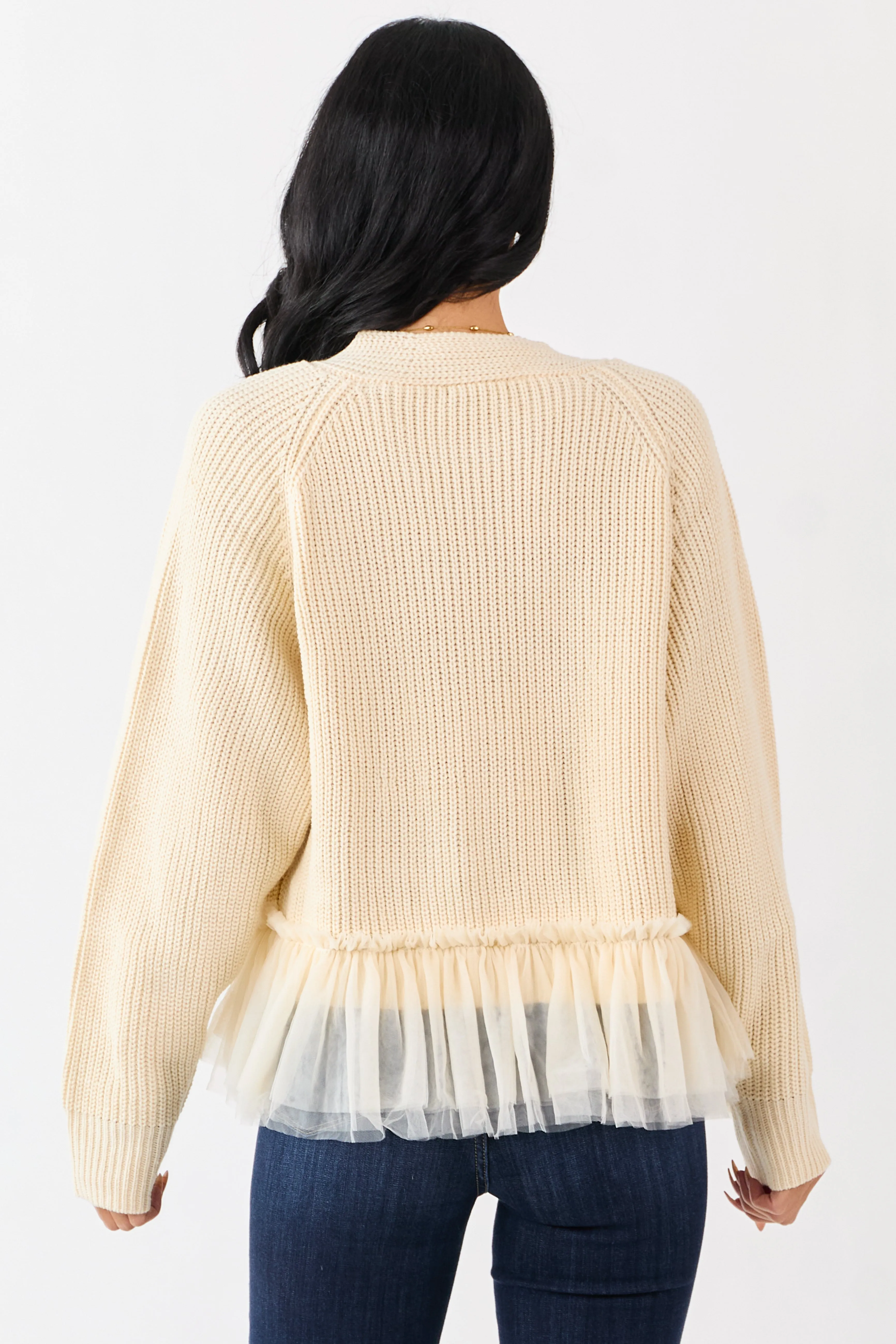 Cream Knit Open Front Tulle Ruffle Hem Cardigan sold by Lime Lush product image thumbnail 5