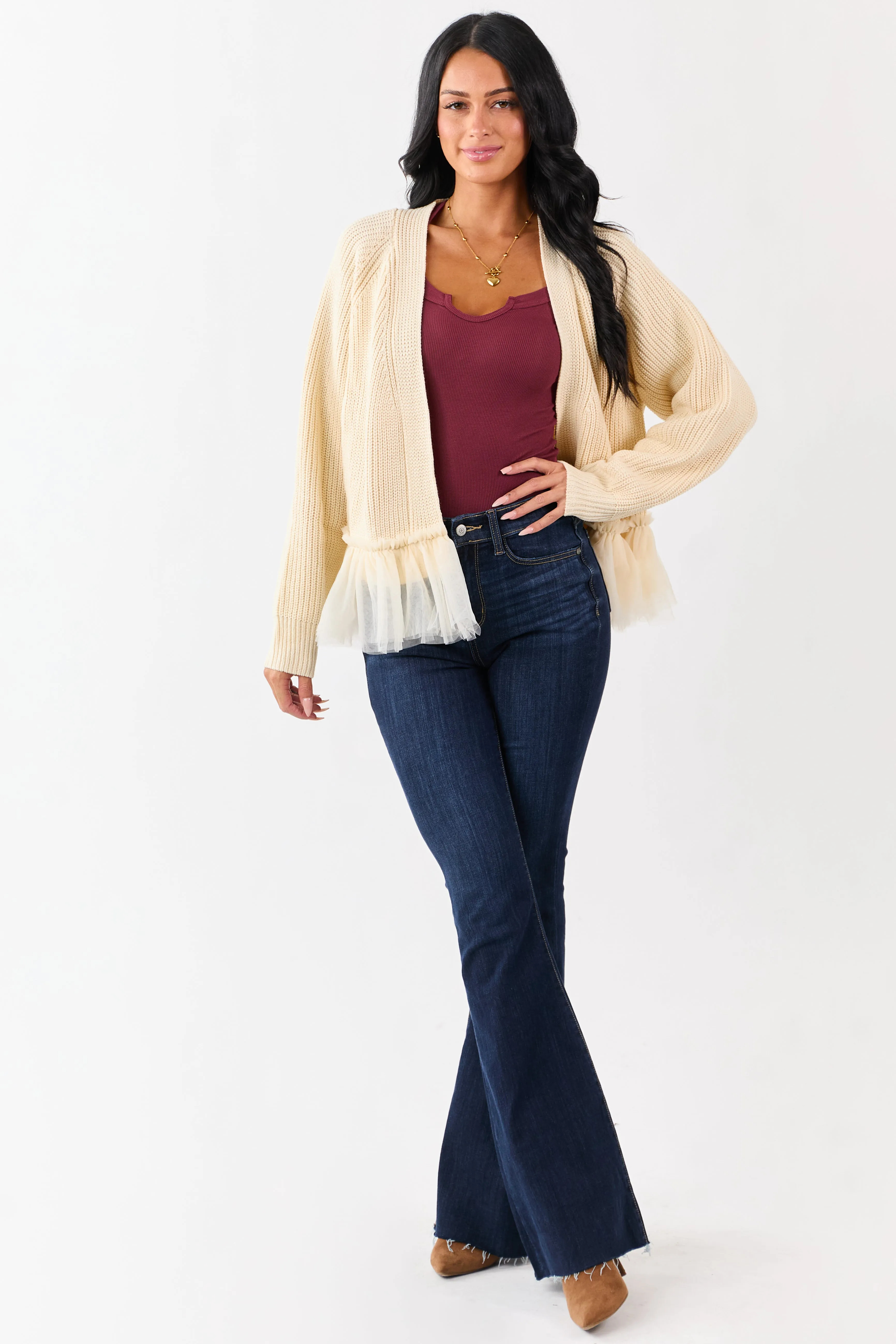 Cream Knit Open Front Tulle Ruffle Hem Cardigan sold by Lime Lush product image thumbnail 2