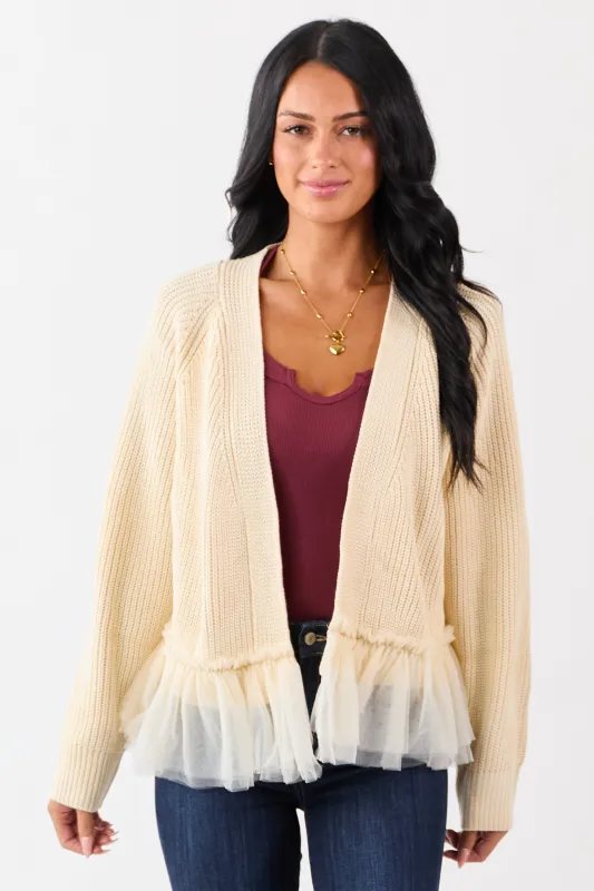 Cream Knit Open Front Tulle Ruffle Hem Cardigan sold by Lime Lush