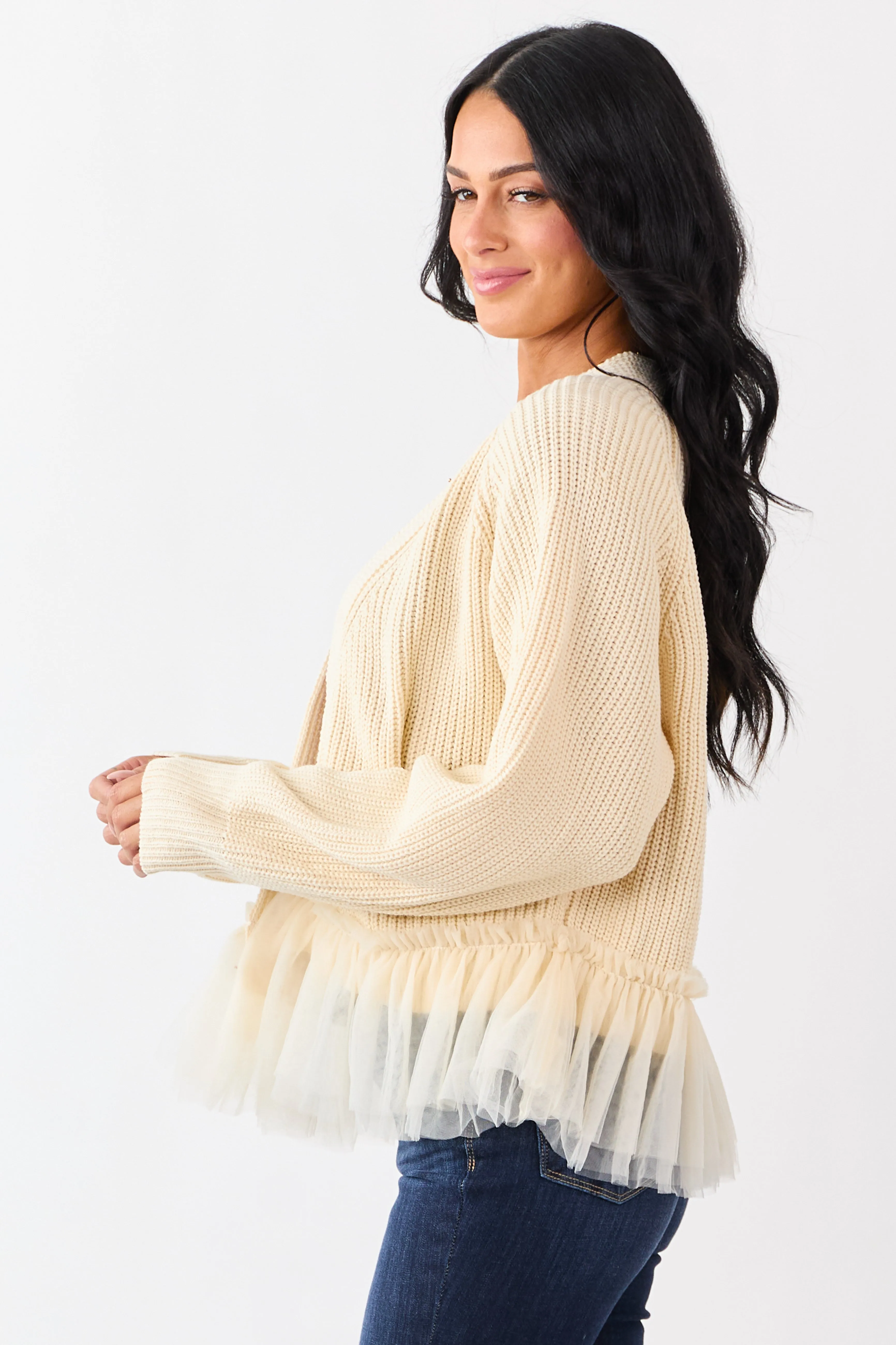 Cream Knit Open Front Tulle Ruffle Hem Cardigan sold by Lime Lush product image thumbnail 4