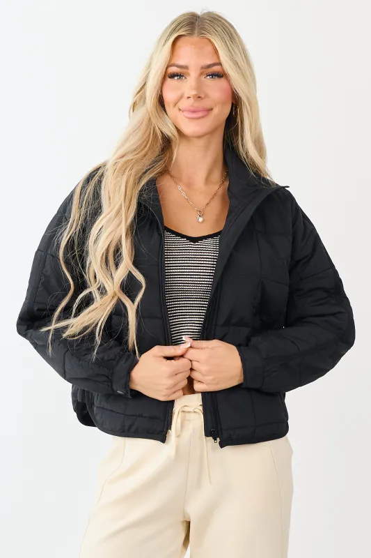 Black Mock Neck Quilted Square Zip Up Puffer Jacket sold by Lime Lush