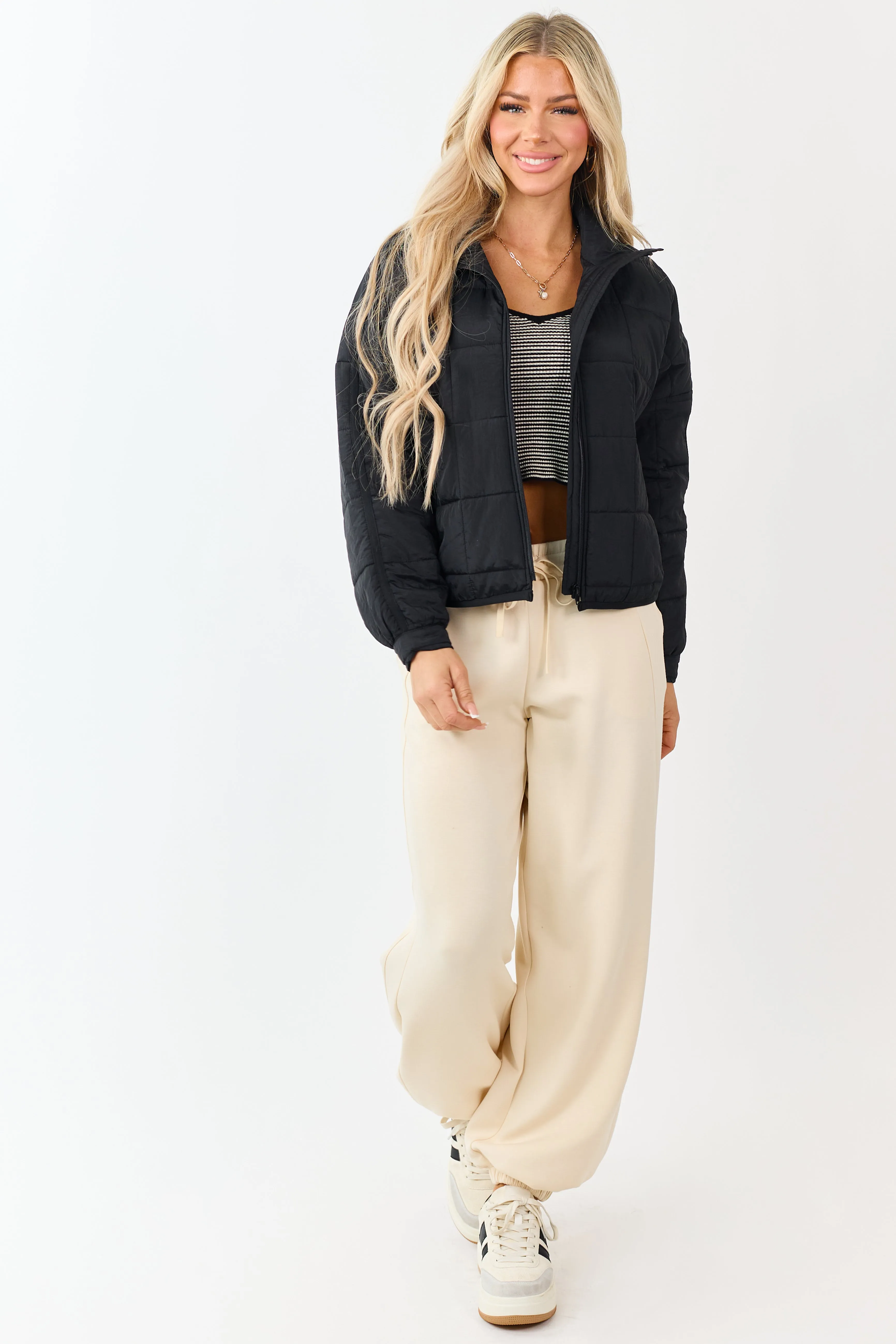 Black Mock Neck Quilted Square Zip Up Puffer Jacket sold by Lime Lush product image thumbnail 2