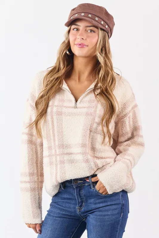 Mello Vanilla Plaid Knit Quarter Zip Pullover Sweater sold by Lime Lush
