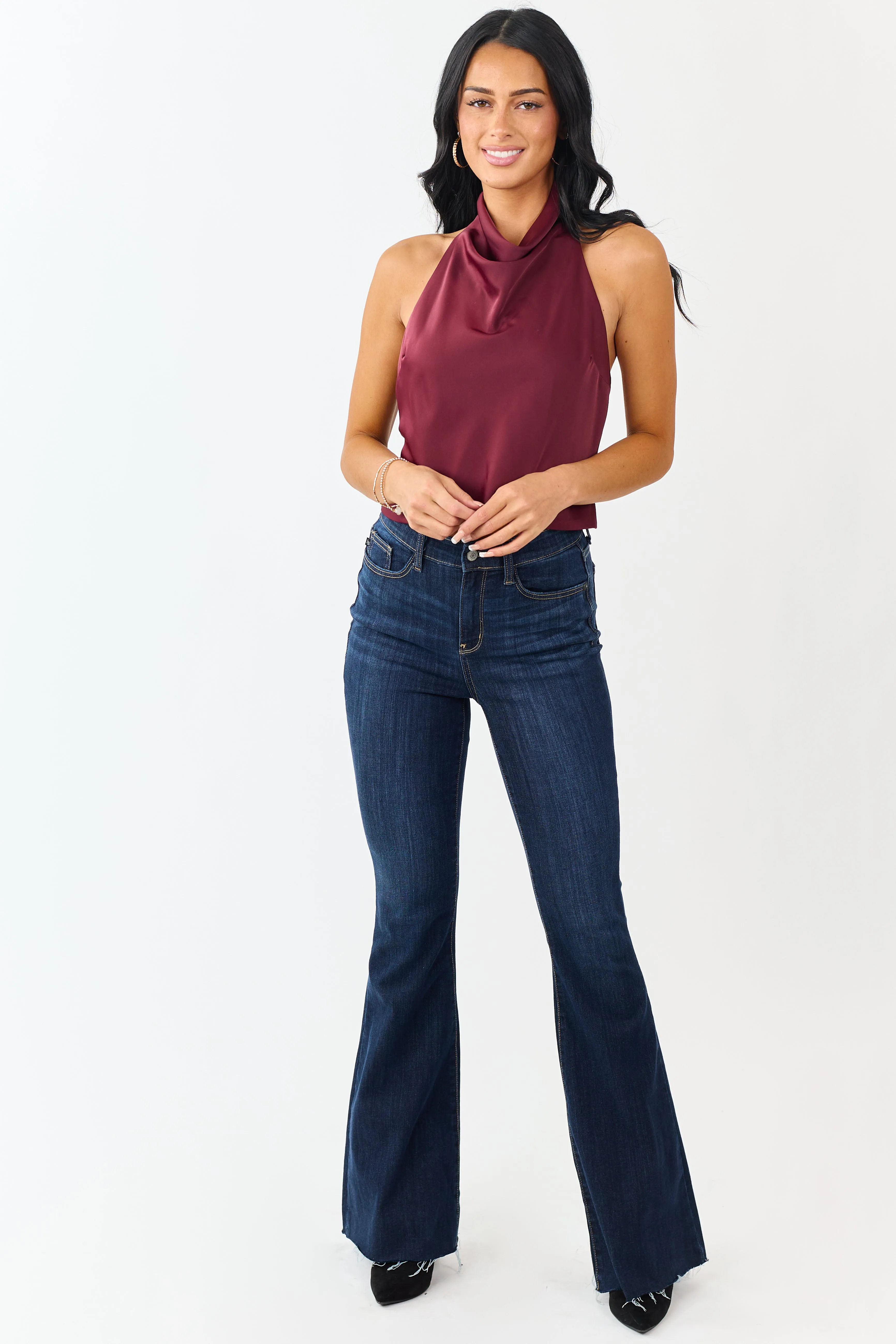 Wine Satin Flowy Halter Neck Open Back Top sold by Lime Lush product image thumbnail 4